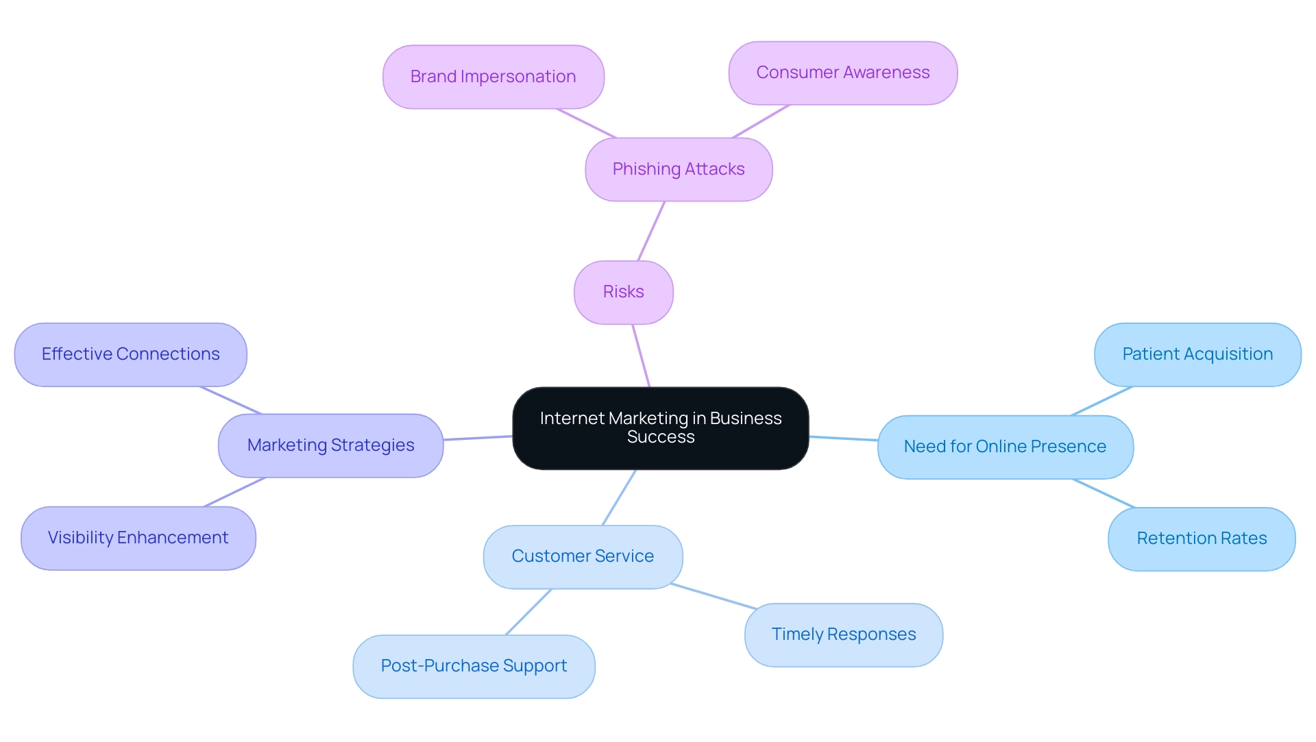 The central node represents the overall theme, with branches indicating key areas like online presence, customer service, marketing strategies, and risks, each color-coded for clarity.