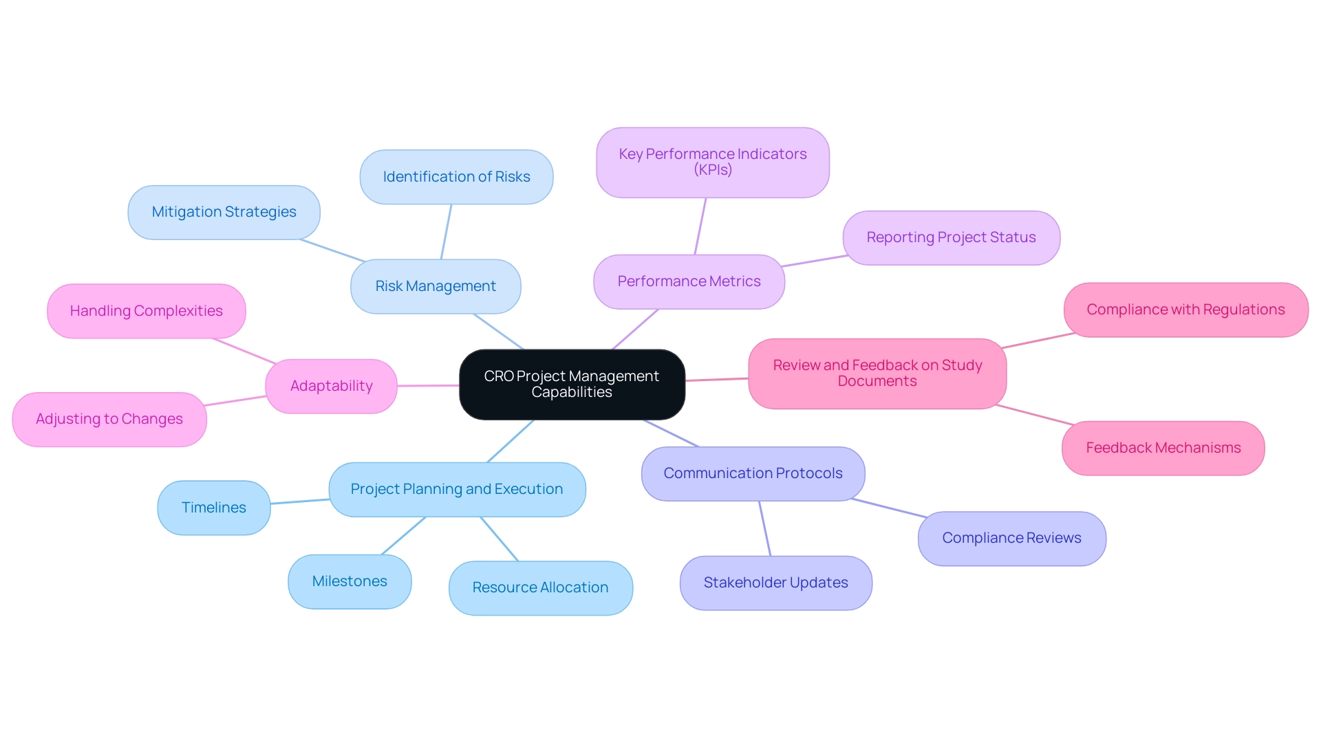 Each branch represents a key capability in project management, with colors differentiating the main categories and their respective subcategories.