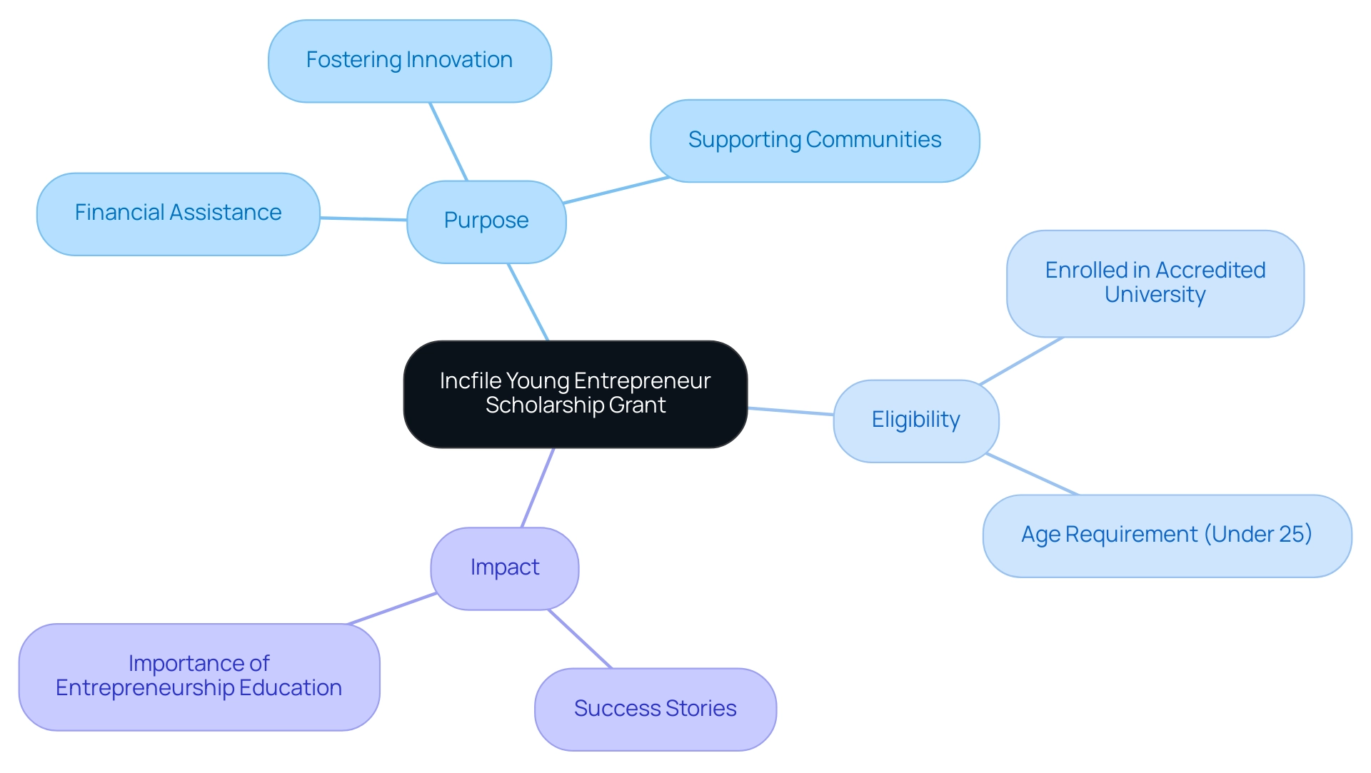 The central node represents the scholarship grant, with branches illustrating its purpose, eligibility requirements, and the impact on aspiring entrepreneurs.