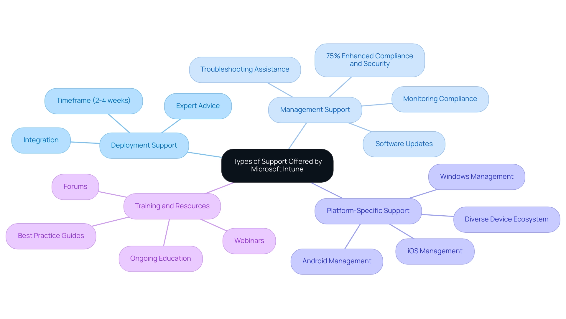 The central node represents the overall support structure, with branches indicating different types of support and their specific details.