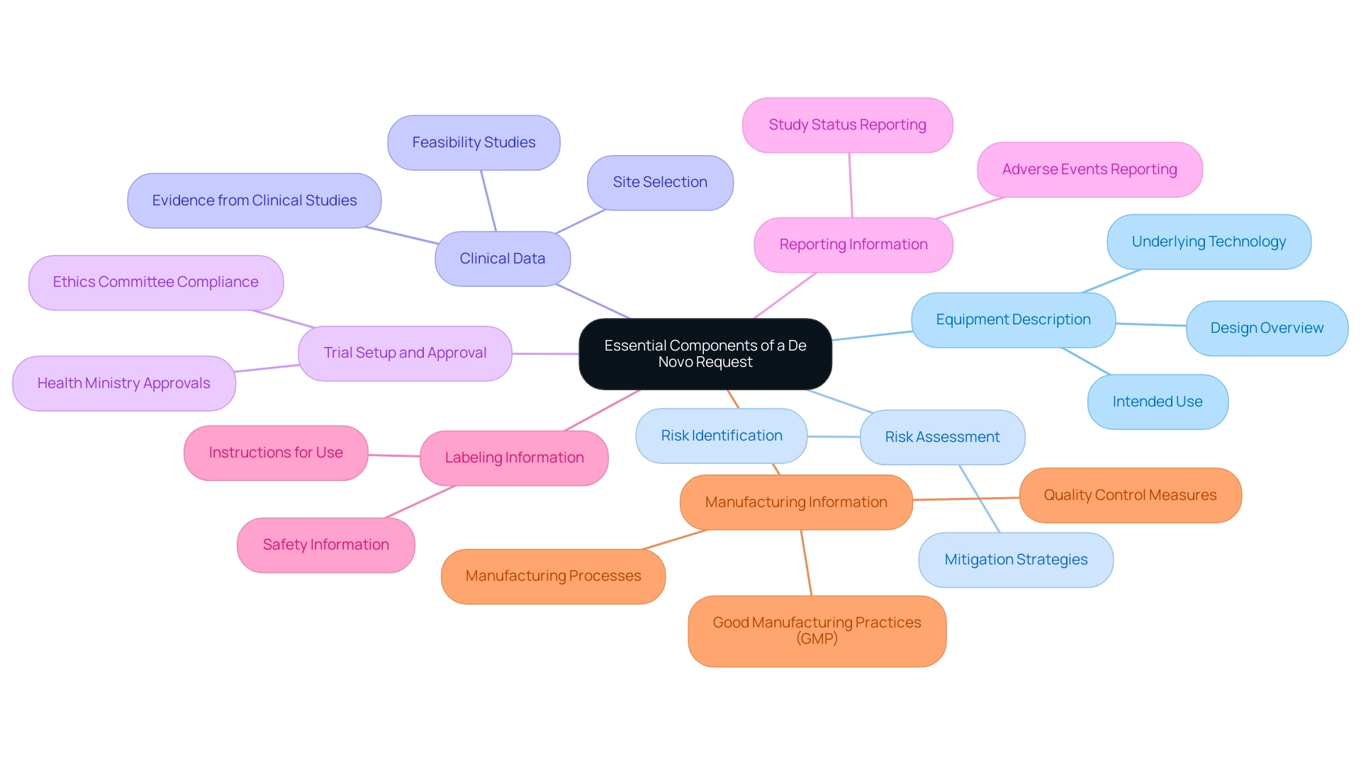 Each branch represents an essential component of the de novo application process, with colors indicating different categories of information.