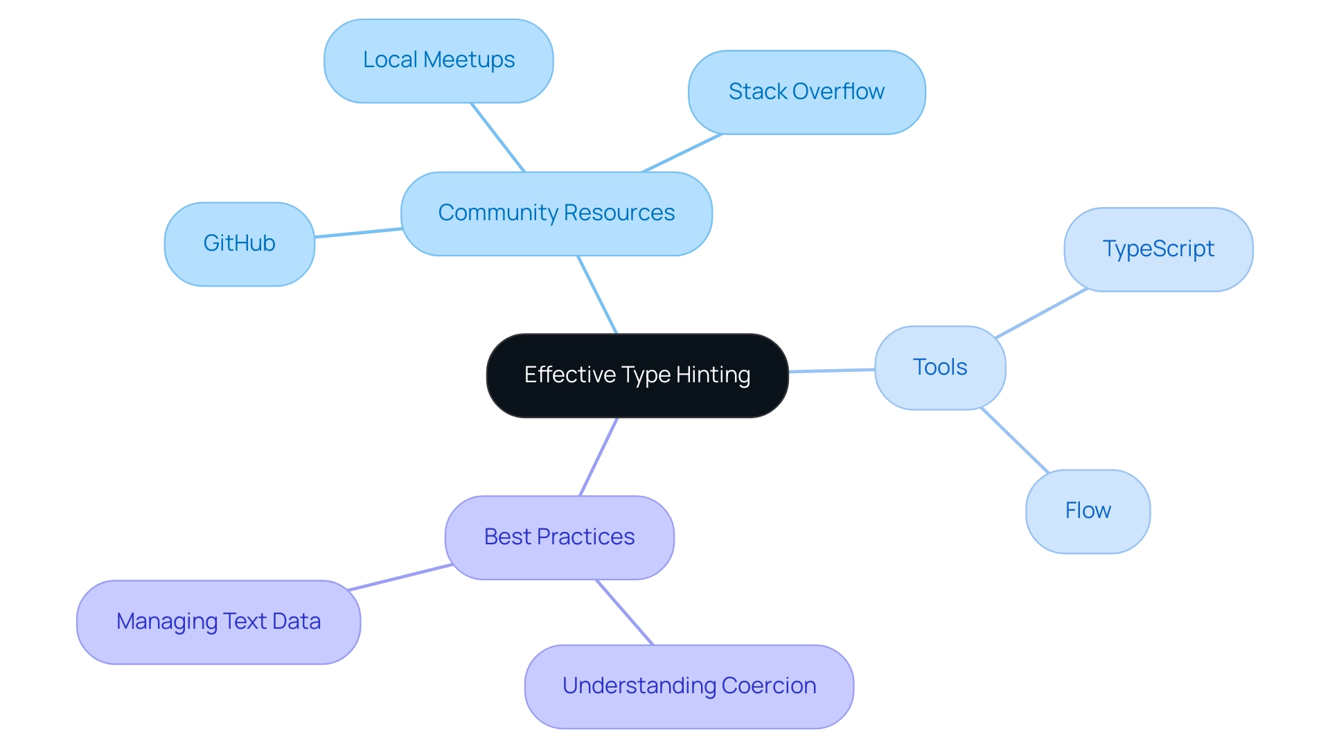 The central node represents the main topic, with branches indicating community resources, tools, and best practices for type hinting.