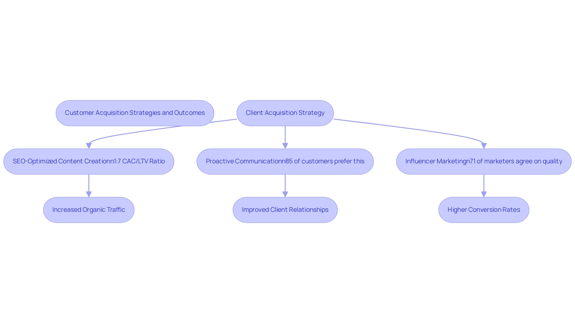 Each box represents a strategy or outcome in the customer acquisition process, with arrows indicating the flow from strategies to their resultant effects.