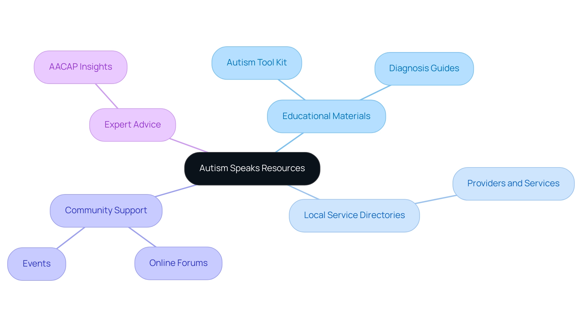 The central node represents Autism Speaks, with branches indicating different types of resources available, color-coded for easy identification.