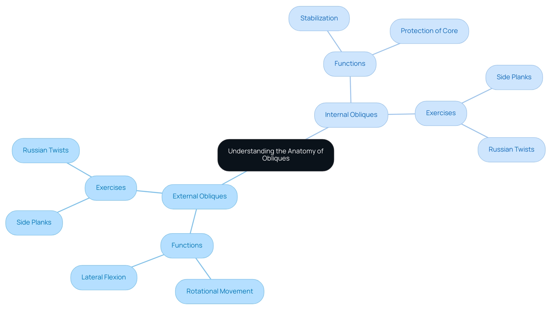 The central node represents the anatomy of obliques, with branches illustrating the two types and their functions, along with exercises targeting each type.