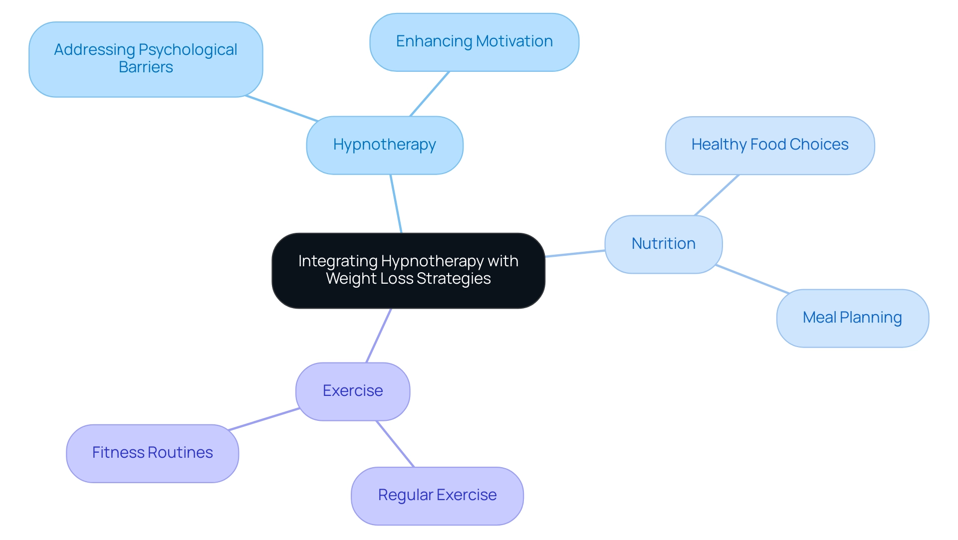 The central node represents the holistic integration of strategies, with branches indicating hypnotherapy, nutrition, and exercise, each with their related components.