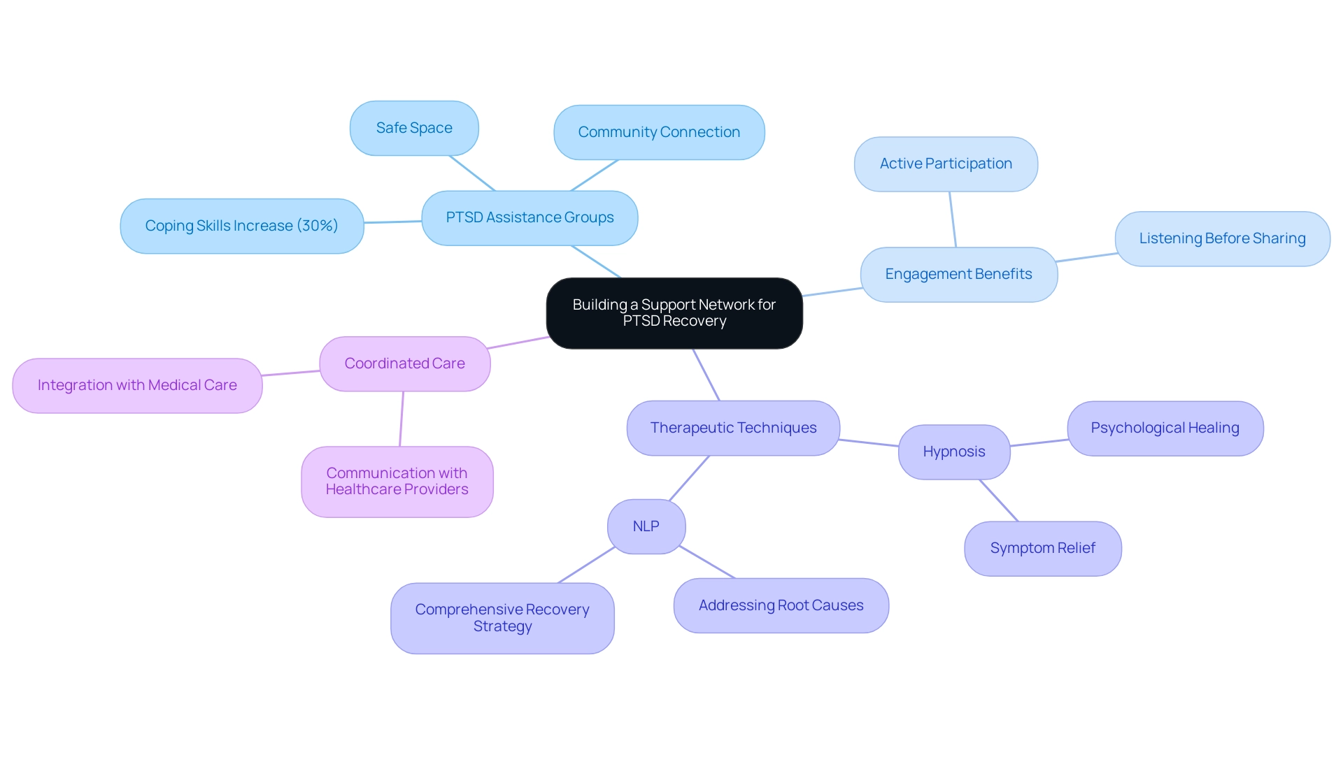 The central node represents the main concept, with branches indicating key elements of the support network, each color-coded for easy identification.