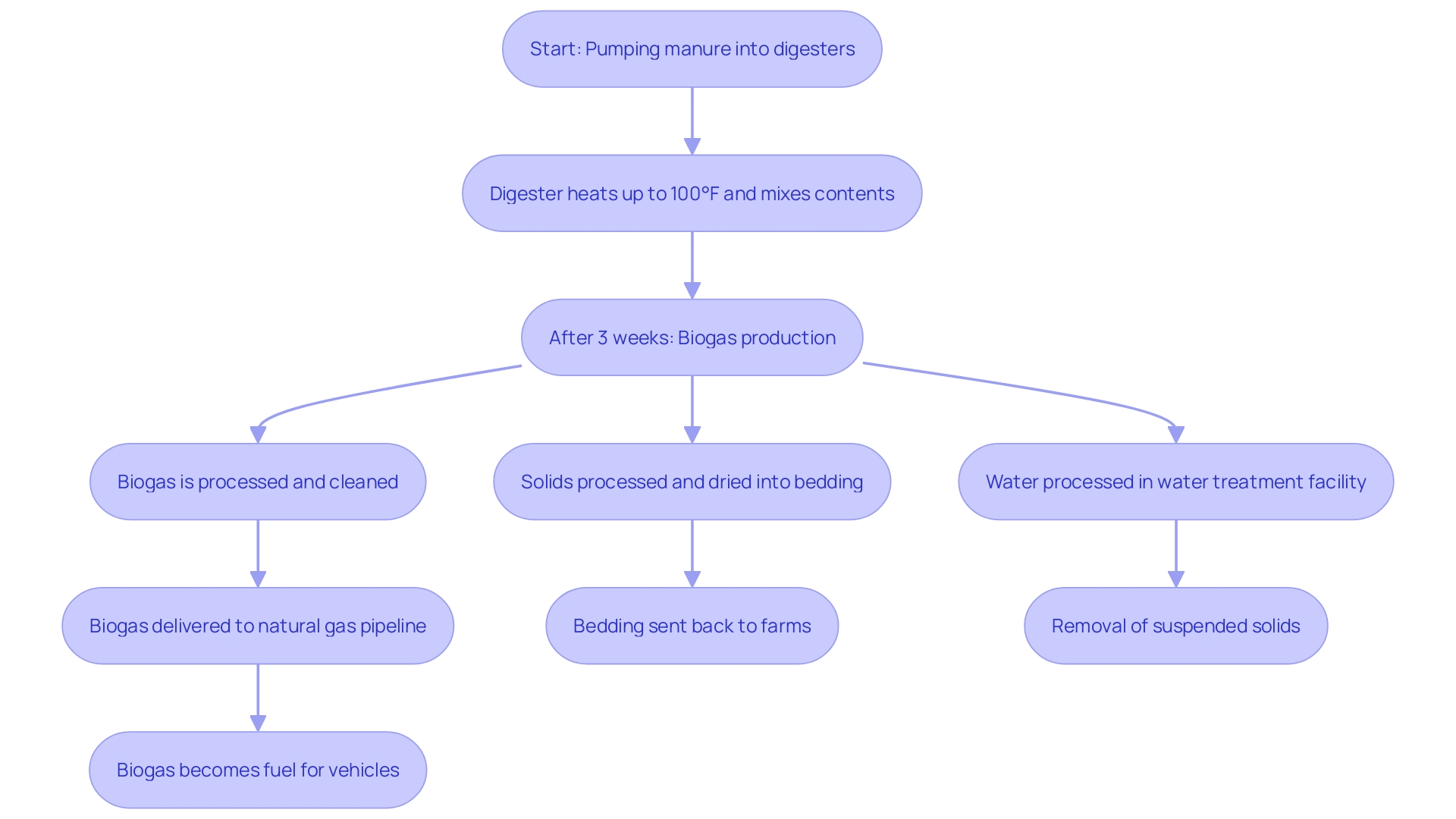 This flowchart illustrates the anaerobic digestion process used in bio converters, detailing the steps from organic waste input to the production of biogas and by-products.