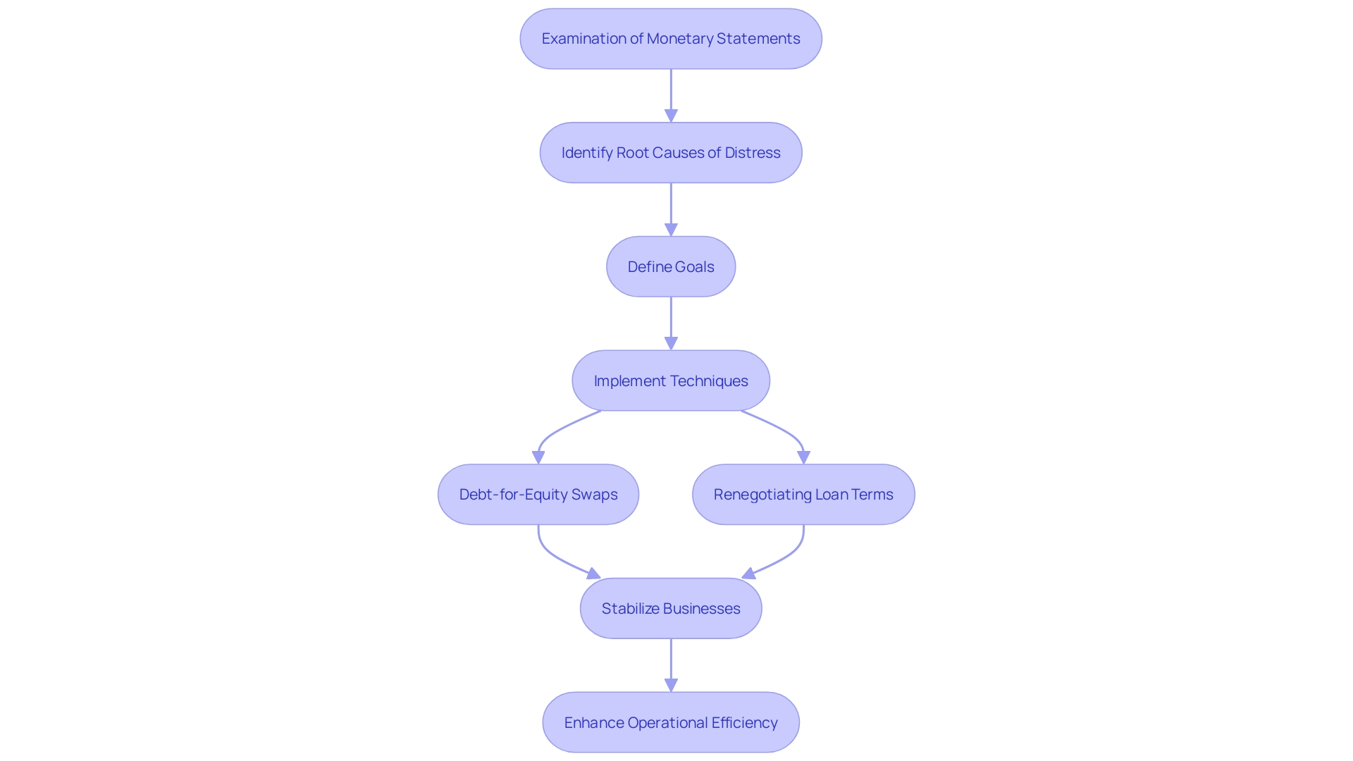 This flowchart illustrates the key steps involved in the economic reorganization process for troubled businesses, highlighting techniques and goals for financial stability.