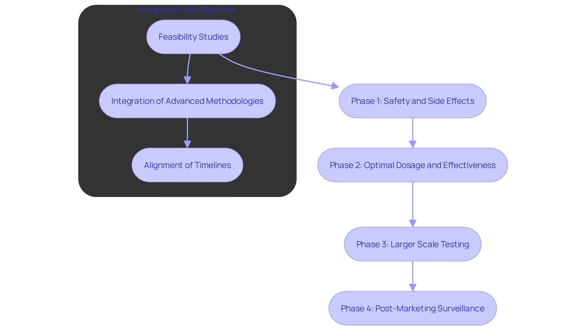 This flowchart illustrates the phased approach to clinical trials, highlighting key steps from feasibility studies to pivotal trials, along with information integration and timeline alignment.