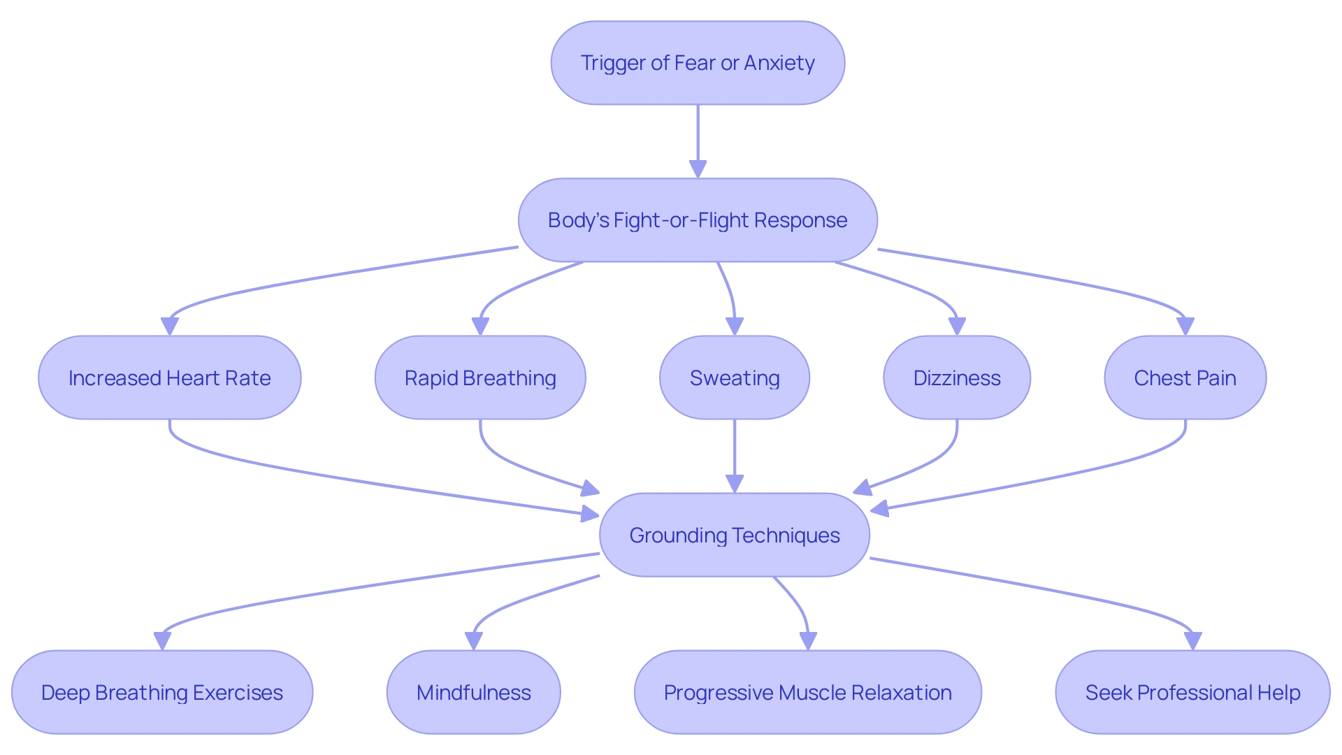 This flowchart illustrates the physiological response and management techniques during a panic attack, highlighting the body's reactions and coping strategies.