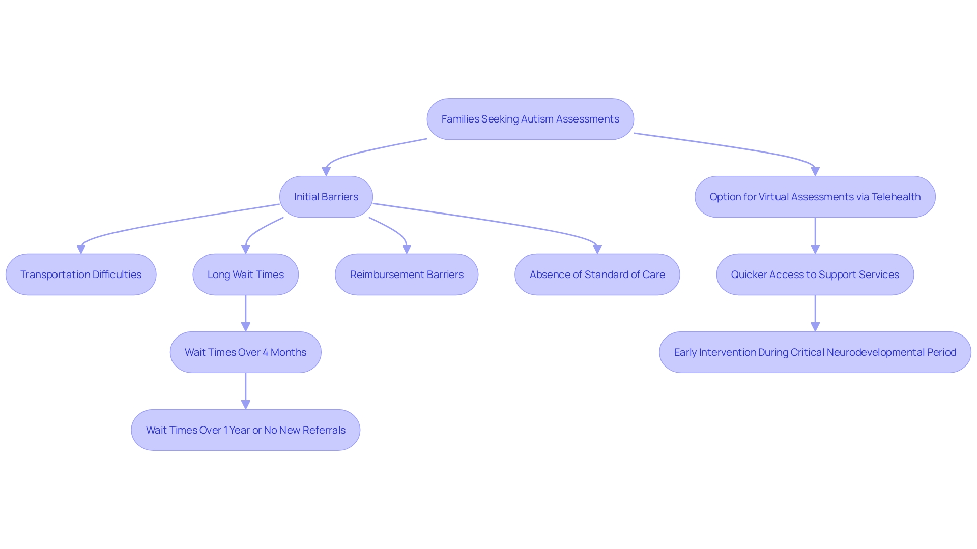 This flowchart illustrates the process of virtual assessments for autism diagnosis, highlighting the steps from initial obstacles to accessing support services through telehealth.