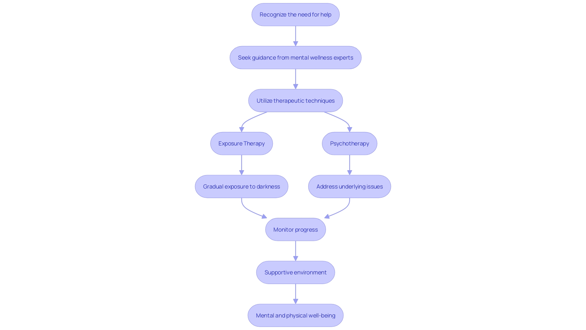 This flowchart illustrates the recommended steps for addressing nyctophobia, including recognizing the need for help, seeking professional guidance, and engaging in therapeutic methods.