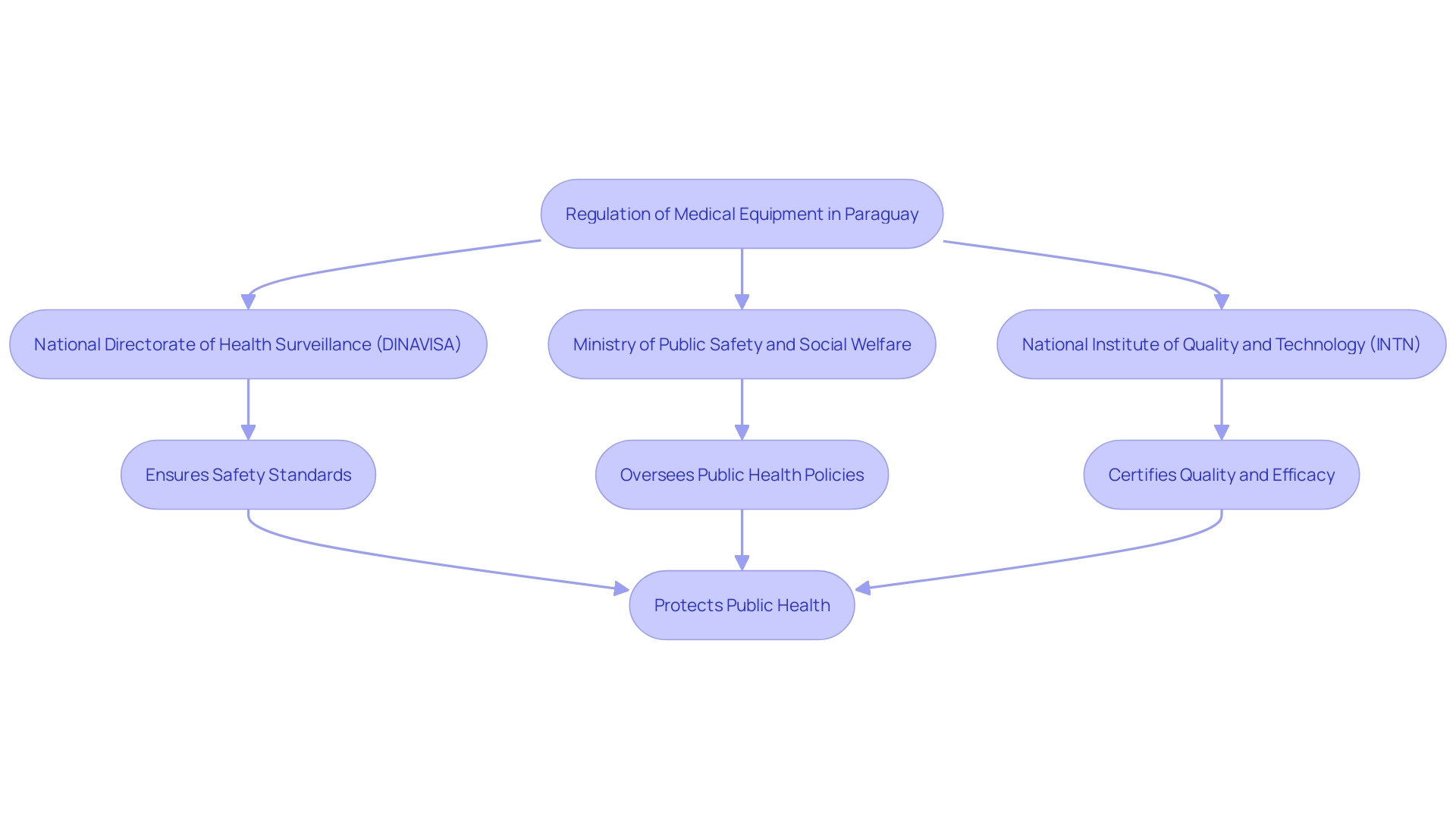 This flowchart illustrates the regulatory framework for medical equipment in Paraguay, detailing the roles of key authorities involved in oversight and quality control.