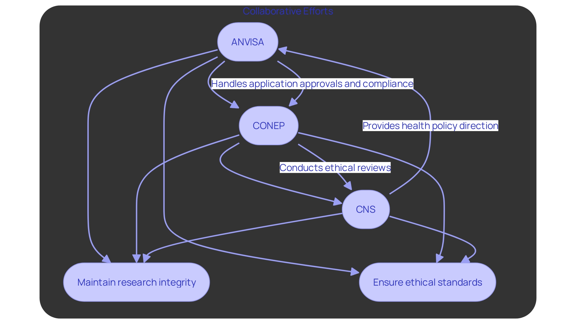 This flowchart illustrates the roles and responsibilities of key regulatory organizations overseeing research studies in Brazil: ANVISA, CONEP, and CNS.