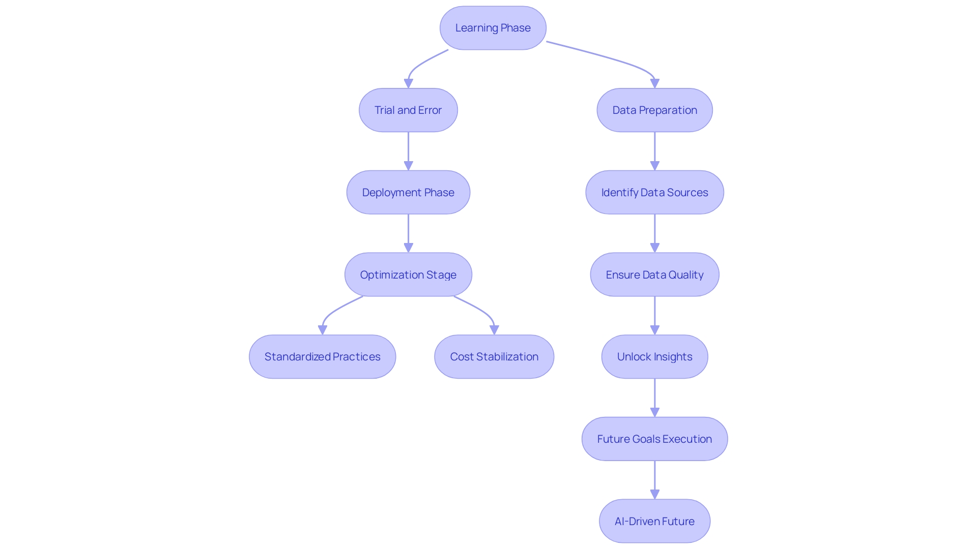 This flowchart illustrates the S-curve model of AI and mechanization adoption in organizations, highlighting the phases from learning to optimization.