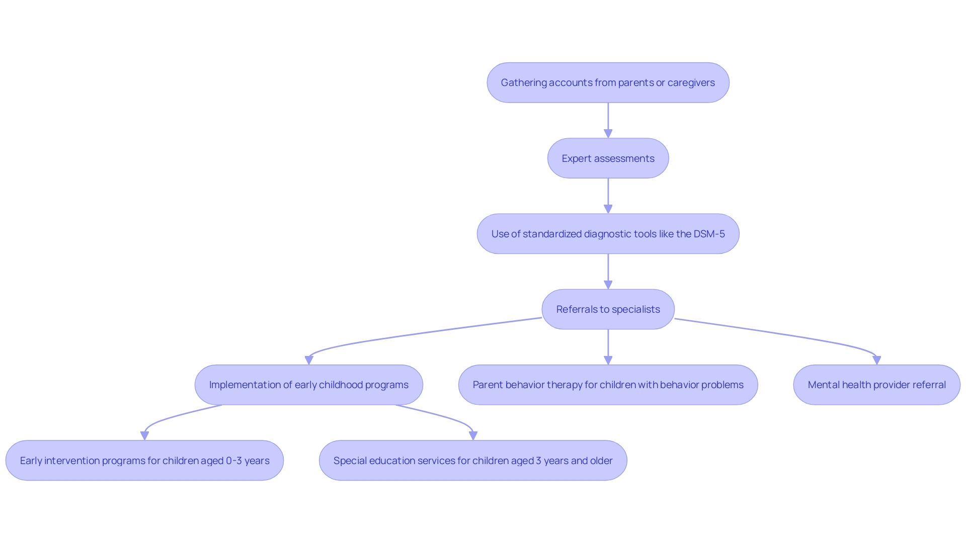 This flowchart outlines the comprehensive assessment process for developmental disorders, highlighting the key steps involved from initial accounts to specialist referrals and interventions.