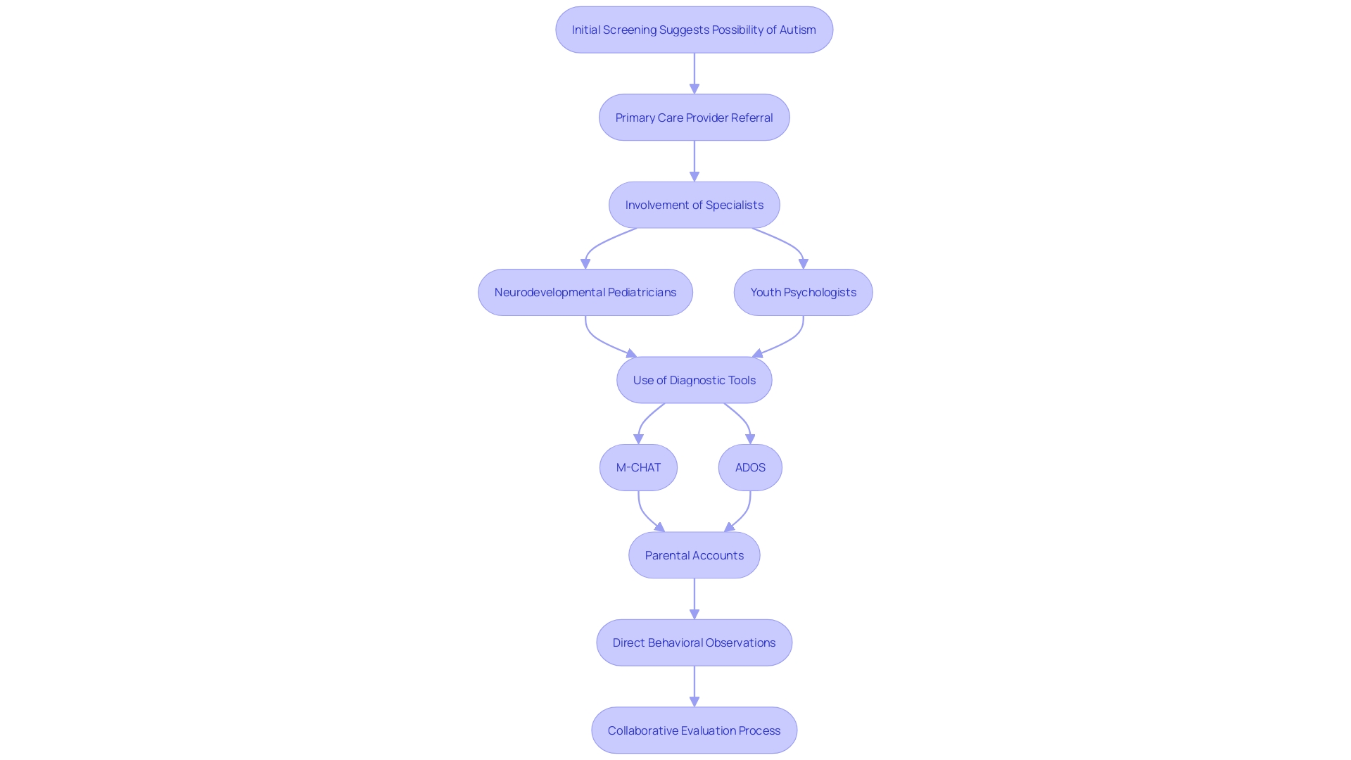 This flowchart outlines the diagnostic evaluation process for autism, highlighting the roles of various specialists and the sources of information used.