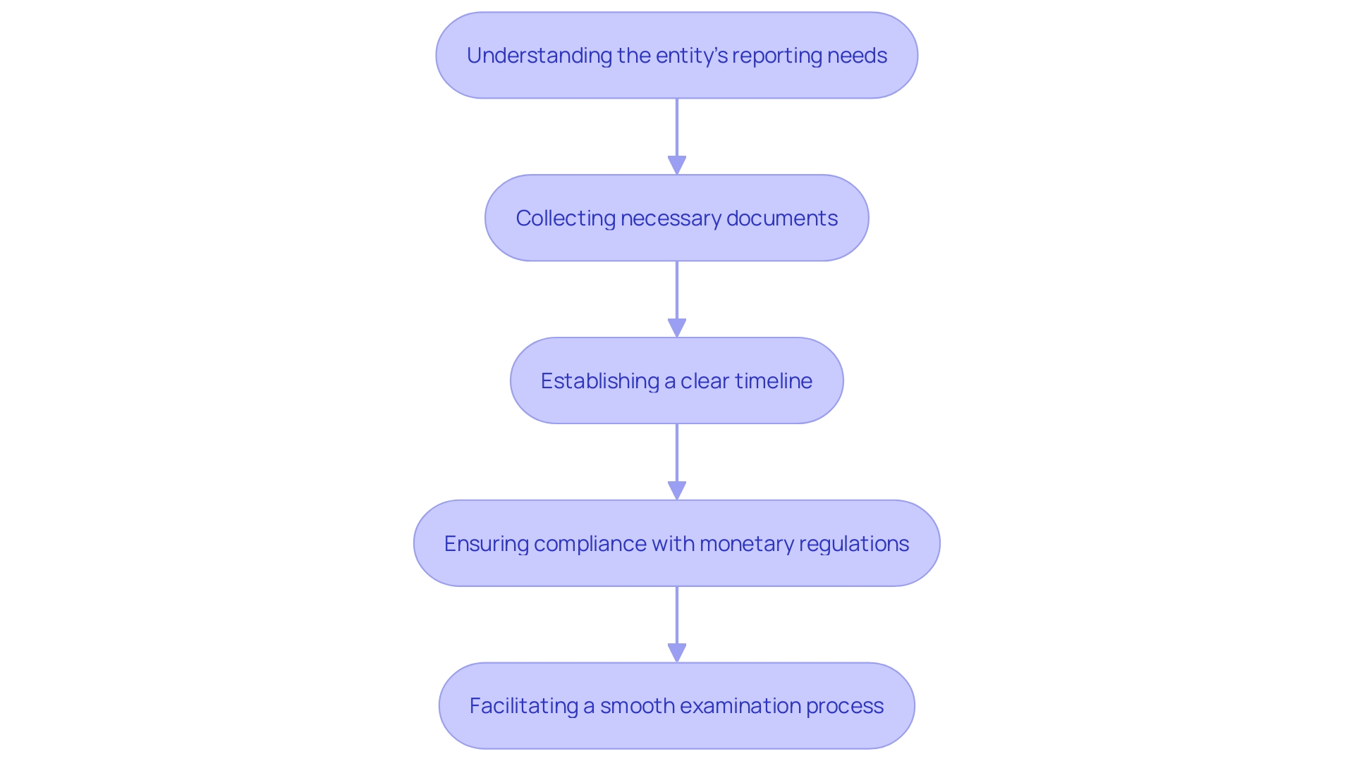 This flowchart outlines the key steps in preparing for a monetary audit, emphasizing the importance of understanding reporting needs, document collection, and timeline establishment.