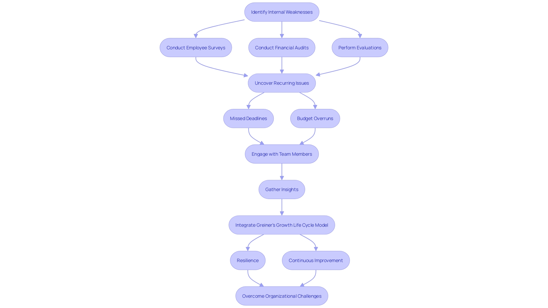 This flowchart outlines the process of identifying internal weaknesses within an organization, highlighting key evaluation techniques and steps for improvement.