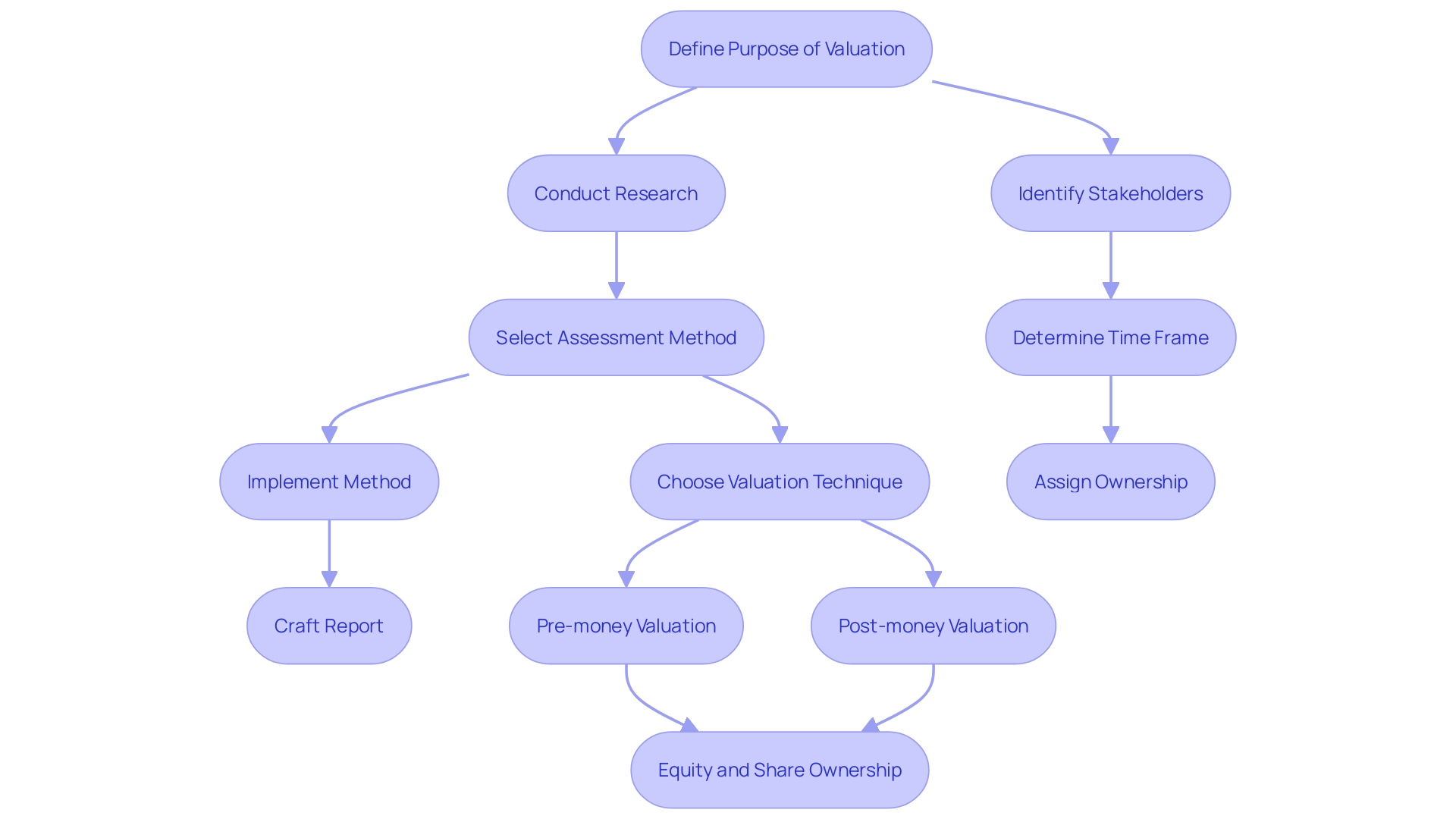 This flowchart outlines the sequential steps involved in assessing an enterprise's value, from establishing the purpose to crafting a report.