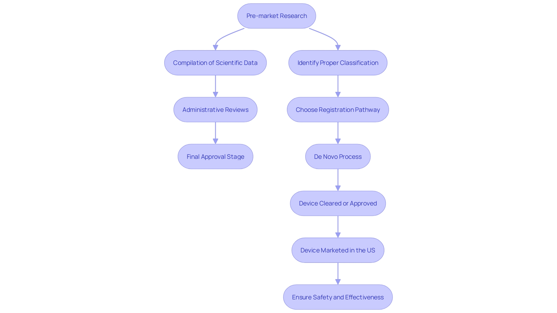 This flowchart outlines the steps involved in the FDA De Novo process for medical instruments, highlighting key stages from pre-market research to approval.