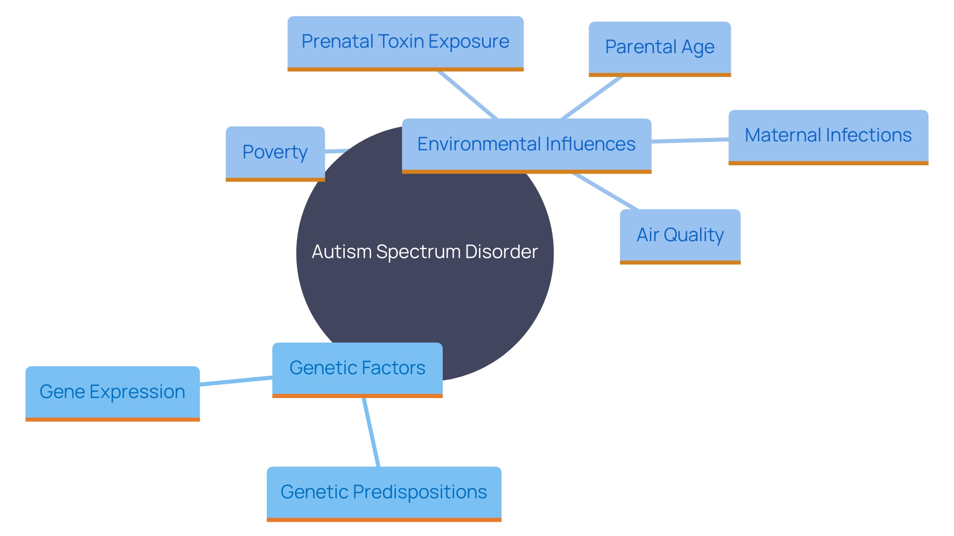 This mind map illustrates the complex interactions between genetic and environmental factors contributing to Autism Spectrum Disorder (ASD).