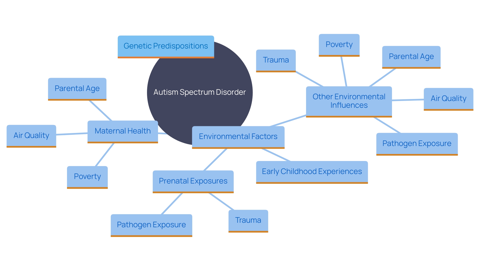 This mind map illustrates the complex interactions between genetic and environmental factors influencing Autism Spectrum Disorder (ASD). It highlights key environmental elements such as prenatal exposures, maternal health, and childhood experiences that contribute to the risk of developing ASD.