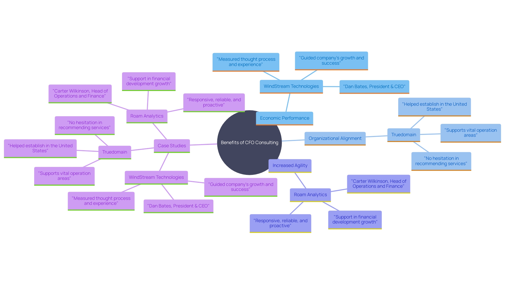 This mind map illustrates the interconnected benefits and outcomes of CFO consulting roles in business expansion, highlighting key case studies and their impacts.