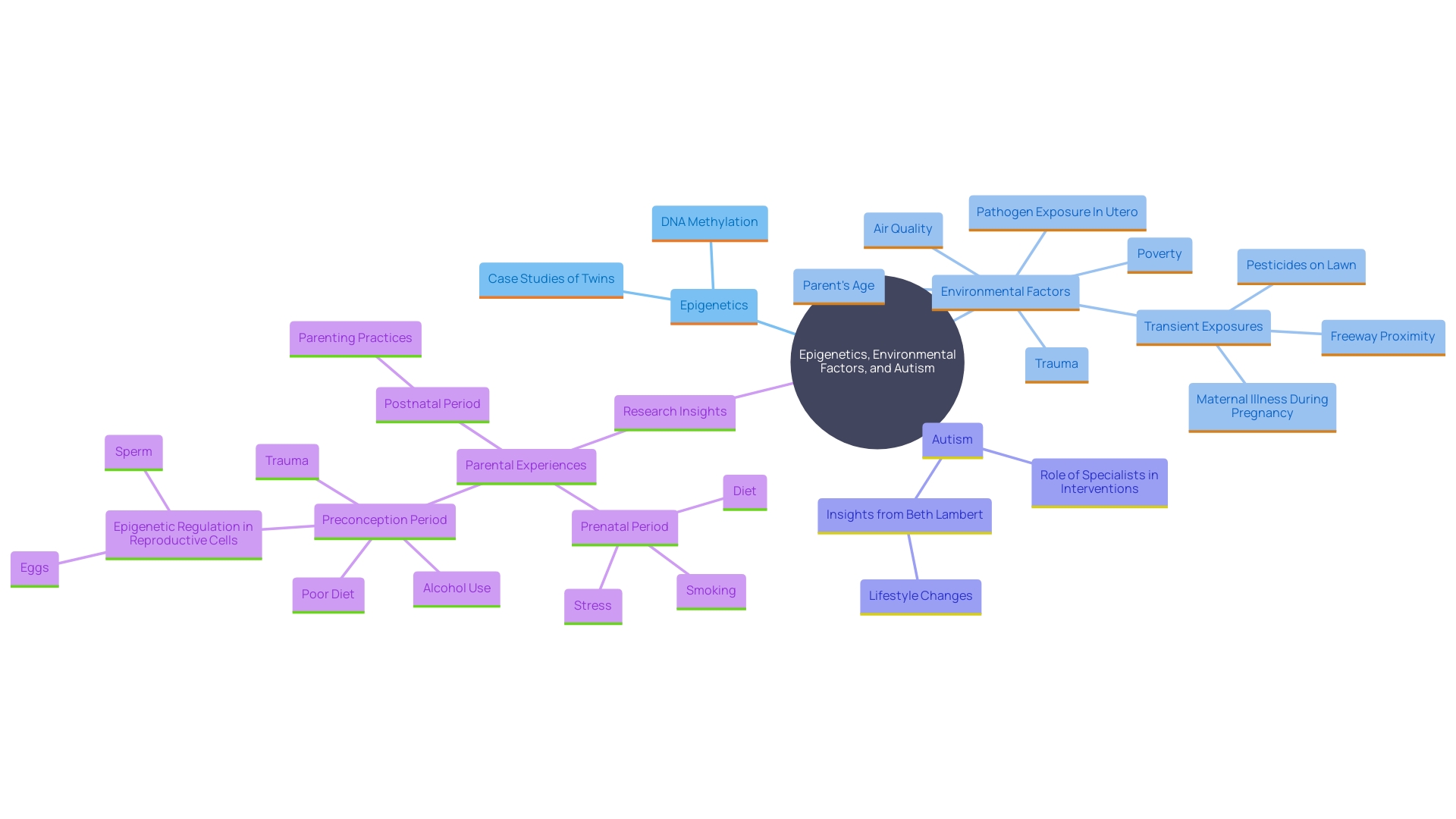 This mind map illustrates the interconnected concepts of epigenetics, environmental influences, and their impact on gene expression related to autism. It highlights key mechanisms, case studies, and the role of lifestyle changes in modifying hereditary patterns.