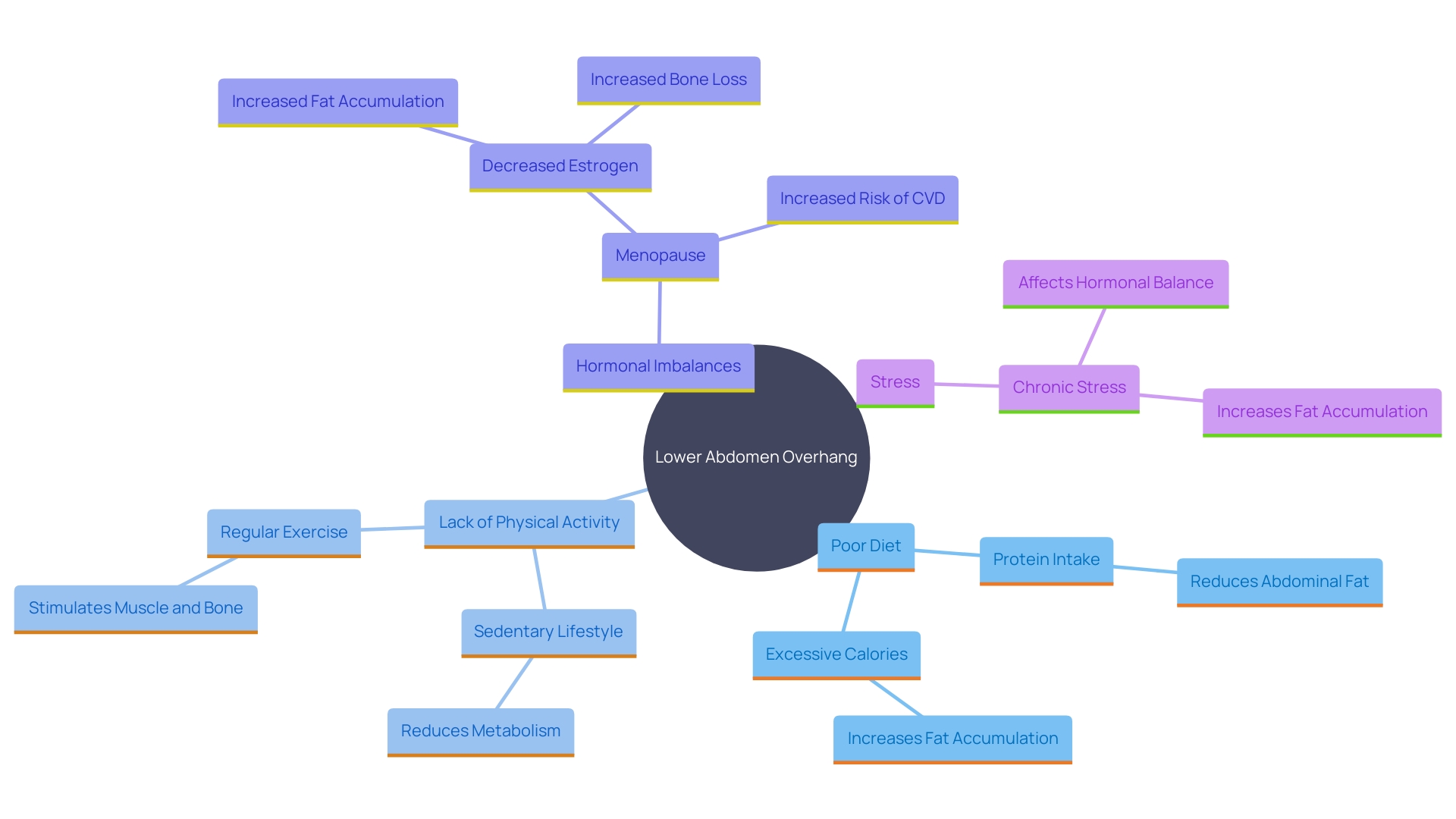 This mind map illustrates the interconnected factors contributing to lower abdomen overhang, emphasizing the importance of diet, exercise, hormonal changes, and stress management.