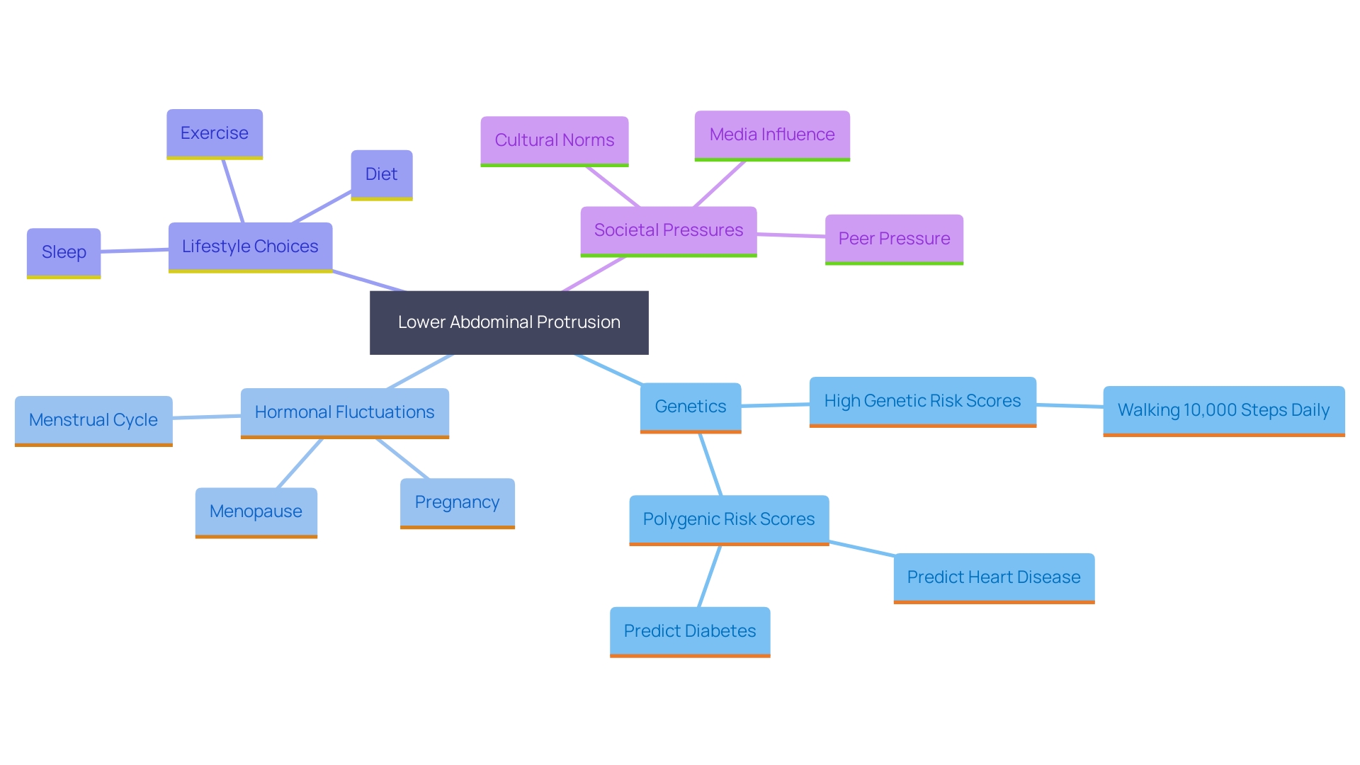 This mind map illustrates the interconnected factors contributing to lower abdominal protrusion, highlighting biological, psychological, and social influences.