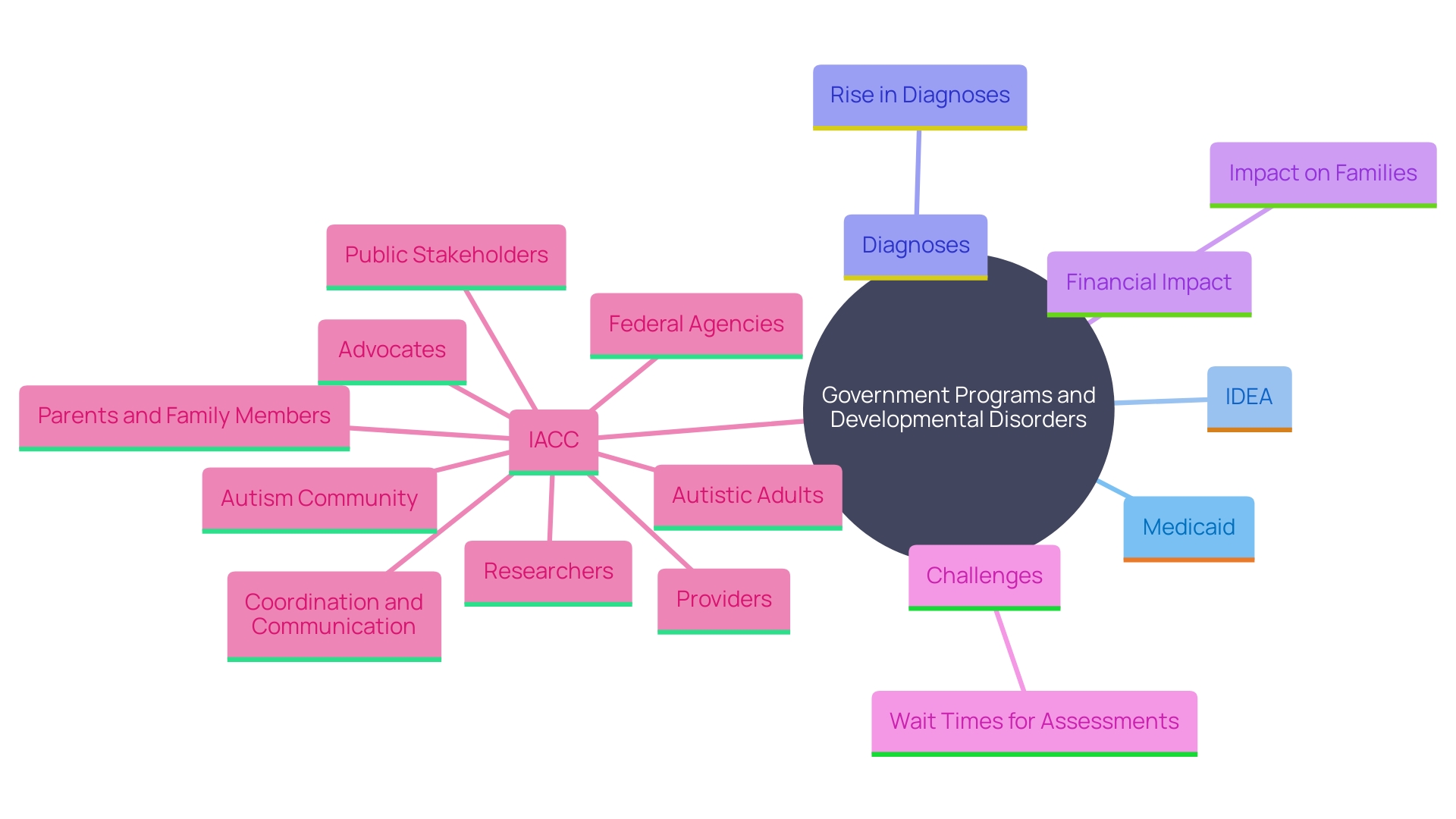 This mind map illustrates the interconnected factors influencing the diagnosis and support of developmental disorders, highlighting key programs, statistics, and challenges faced by families.