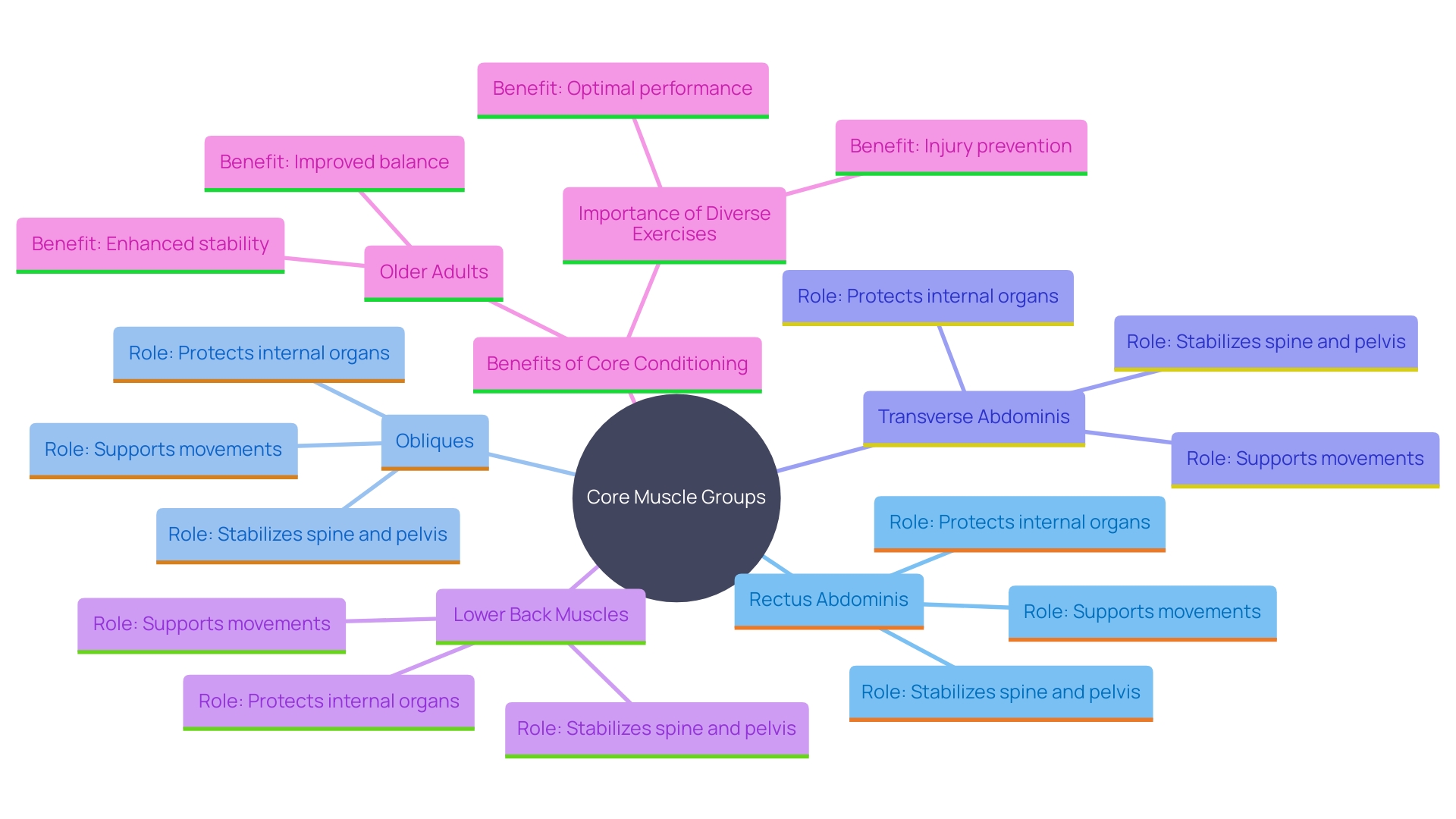 This mind map illustrates the interconnected muscle groups of the core and their functions, emphasizing the importance of core conditioning for overall stability and mobility.