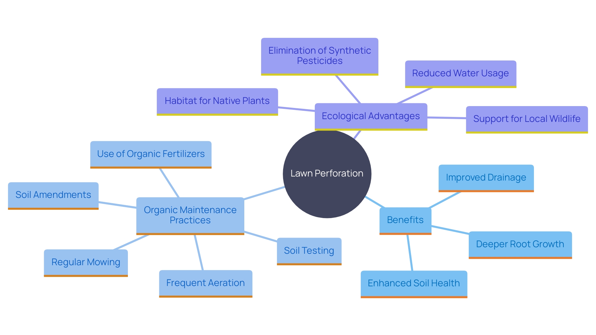 This mind map illustrates the key benefits and components of lawn perforation and organic maintenance practices for lawn health.