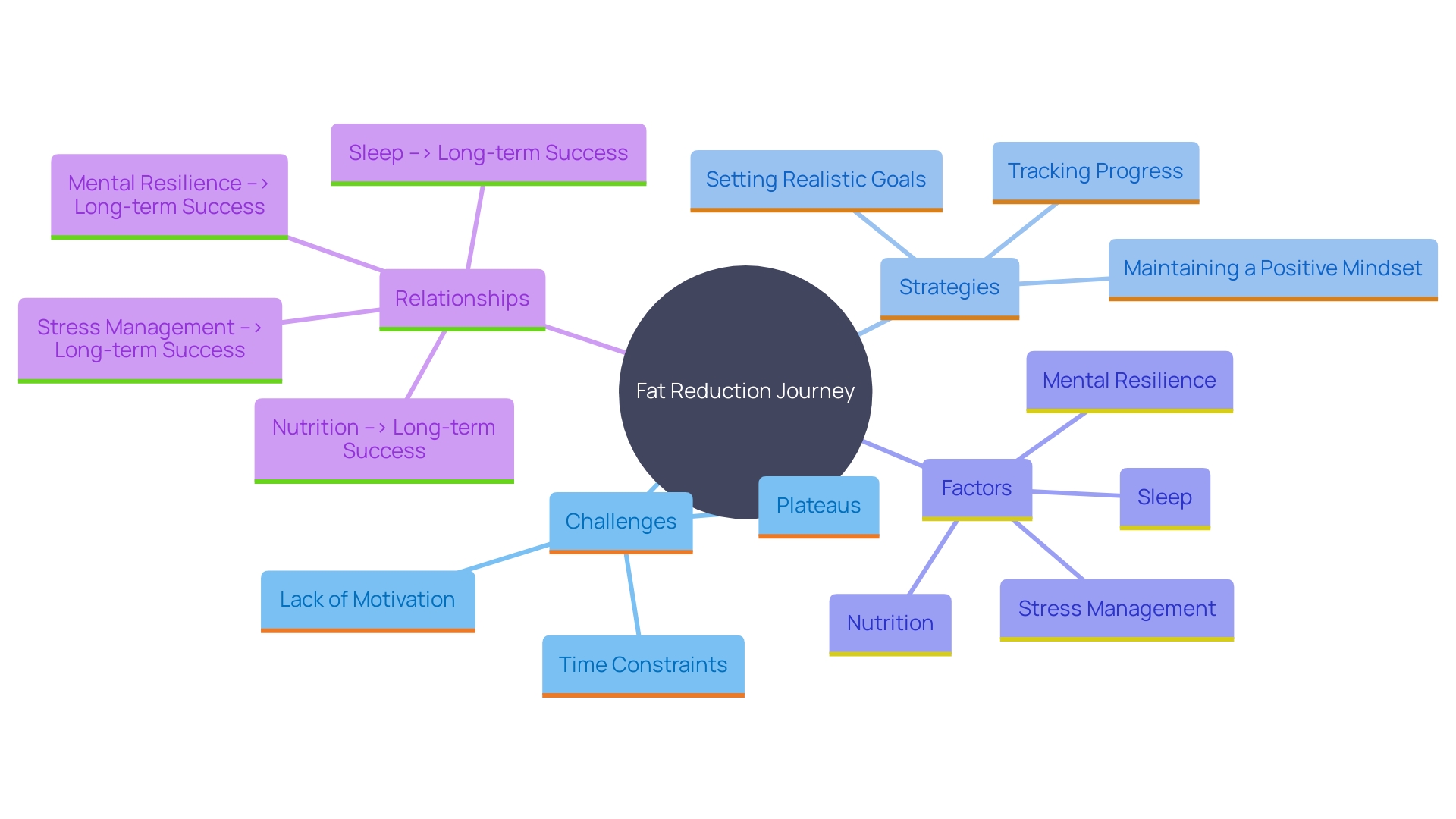 This mind map illustrates the key challenges and strategies in the fat reduction journey, emphasizing the importance of mindset and lifestyle factors.