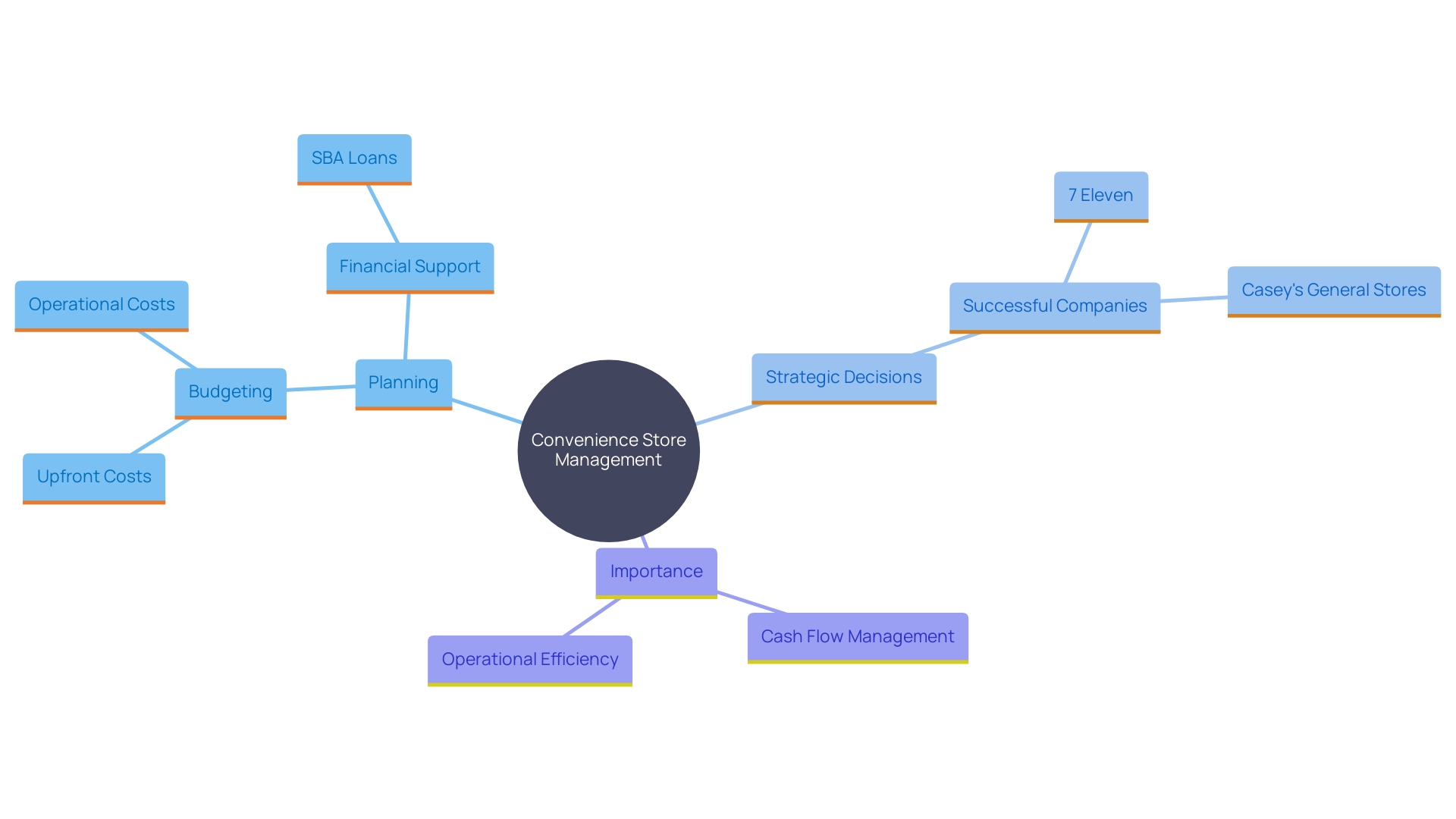 This mind map illustrates the key components involved in successfully managing a convenience establishment, highlighting planning, budgeting, operational expenses, and financial support options.