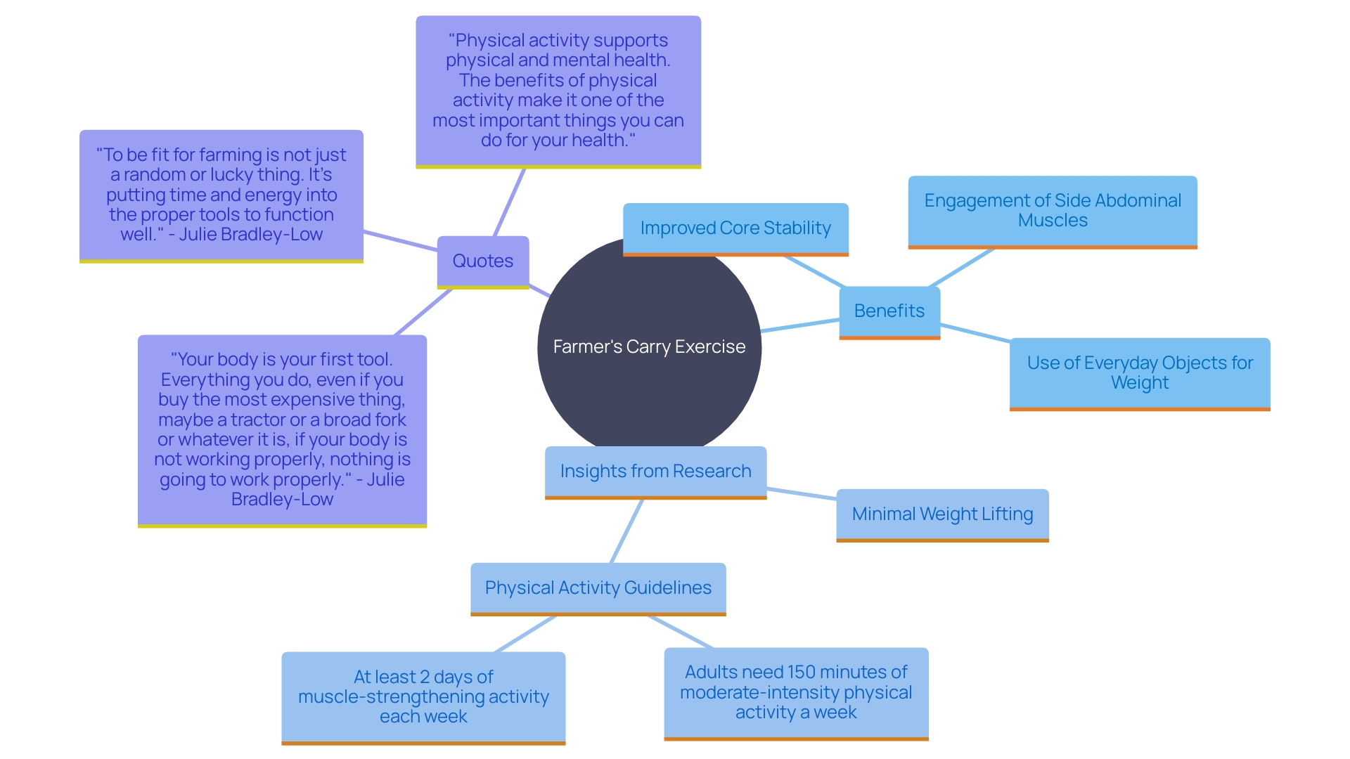 This mind map illustrates the key concepts and benefits associated with the farmer's carry exercise, highlighting its impact on core stability, muscle power, and functional fitness.