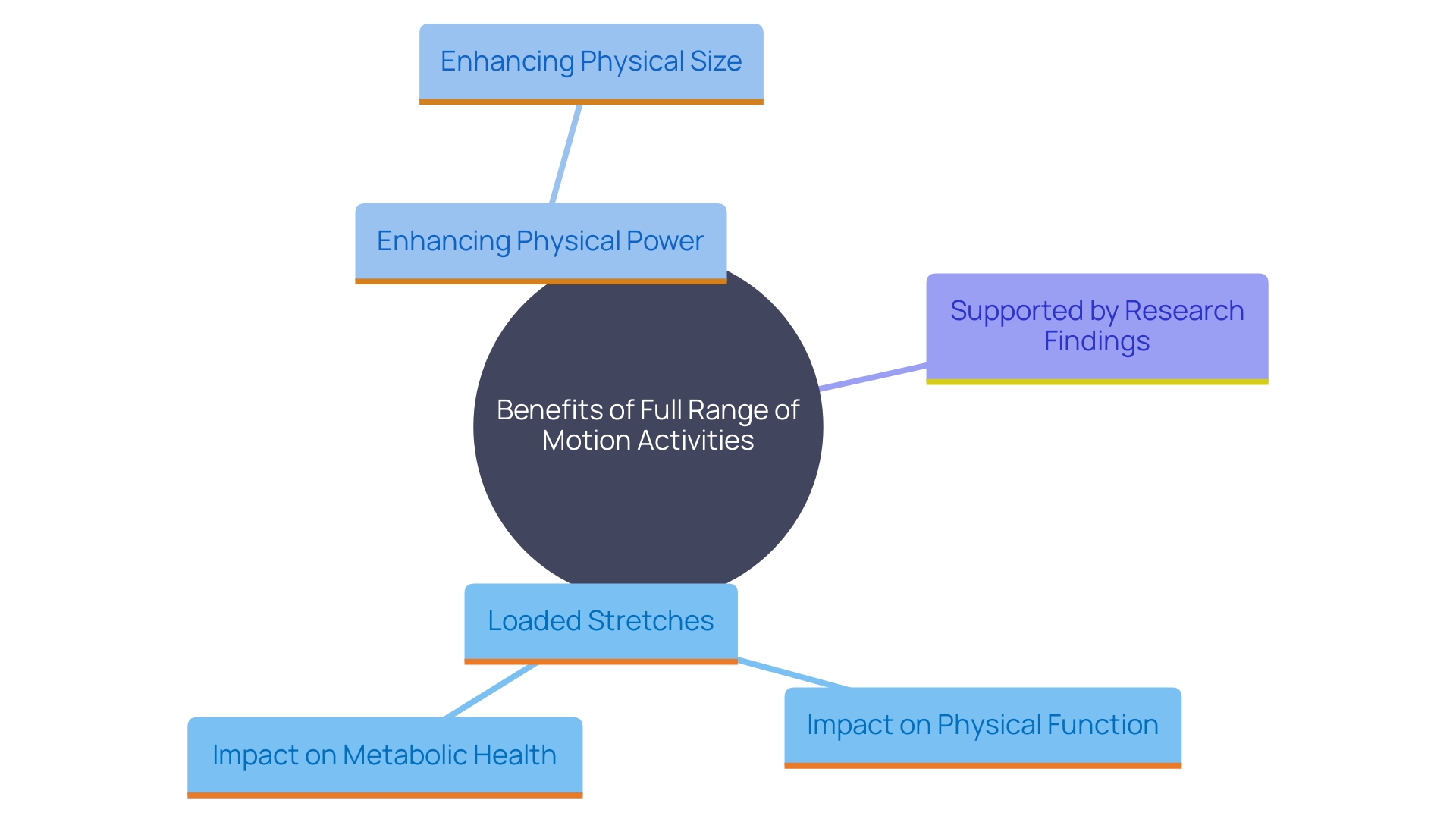 This mind map illustrates the key concepts related to maximizing physical engagement and growth through full range of motion activities and loaded stretches. It highlights the relationships between high-intensity stretching, resistance training, and their effects on tissue thickness and overall strength.