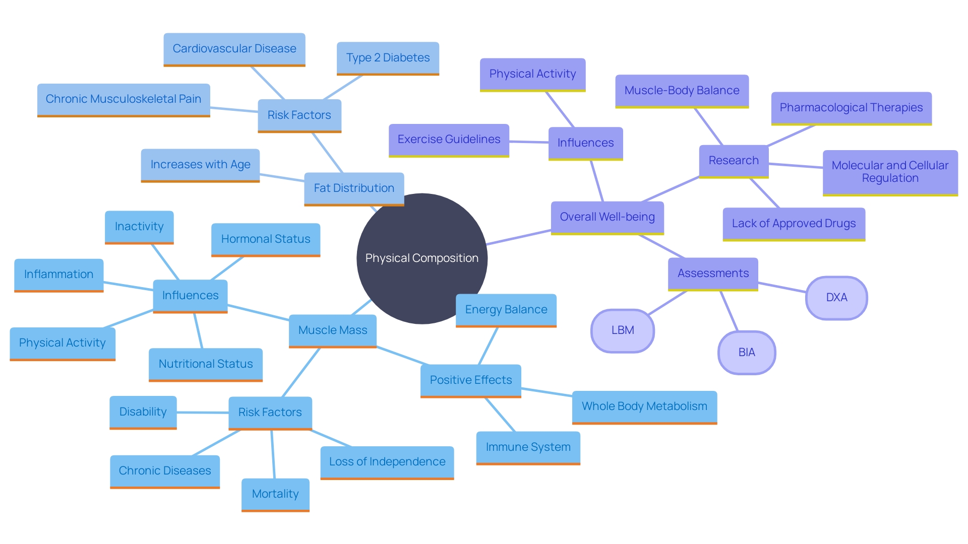 This mind map illustrates the key concepts related to physical composition and its impact on overall health and appearance.