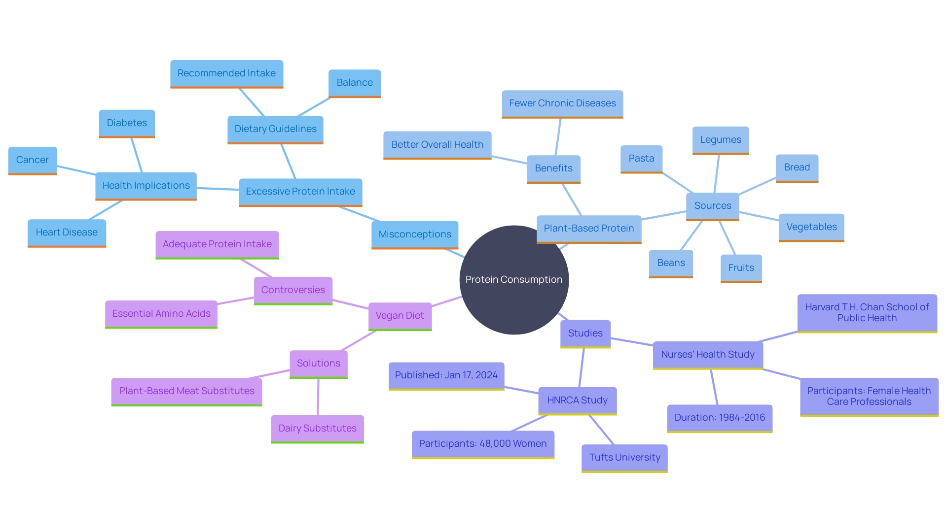 This mind map illustrates the key concepts surrounding protein intake, including misconceptions, health impacts, dietary guidelines, and the importance of plant-based sources.