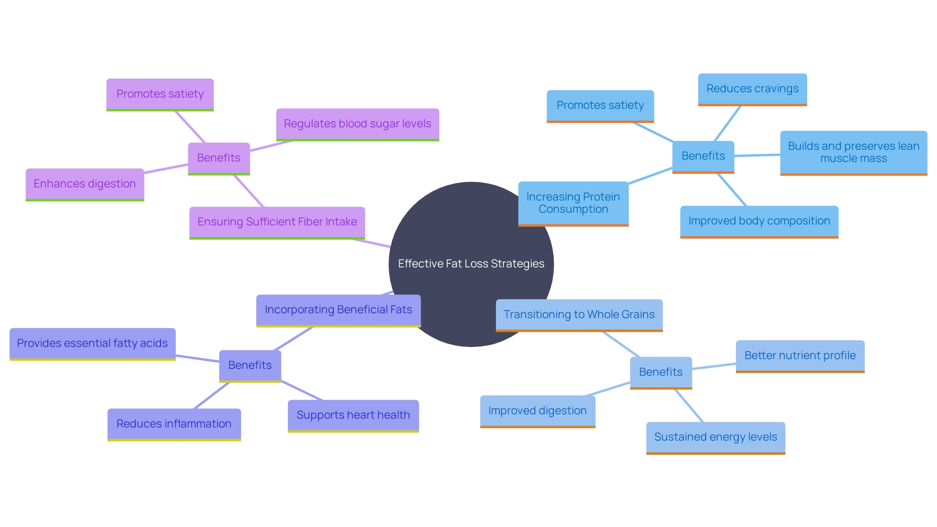 This mind map illustrates the key dietary strategies for enhancing fat loss and overall health. It highlights the relationships between protein intake, whole grains, beneficial fats, and fiber consumption.