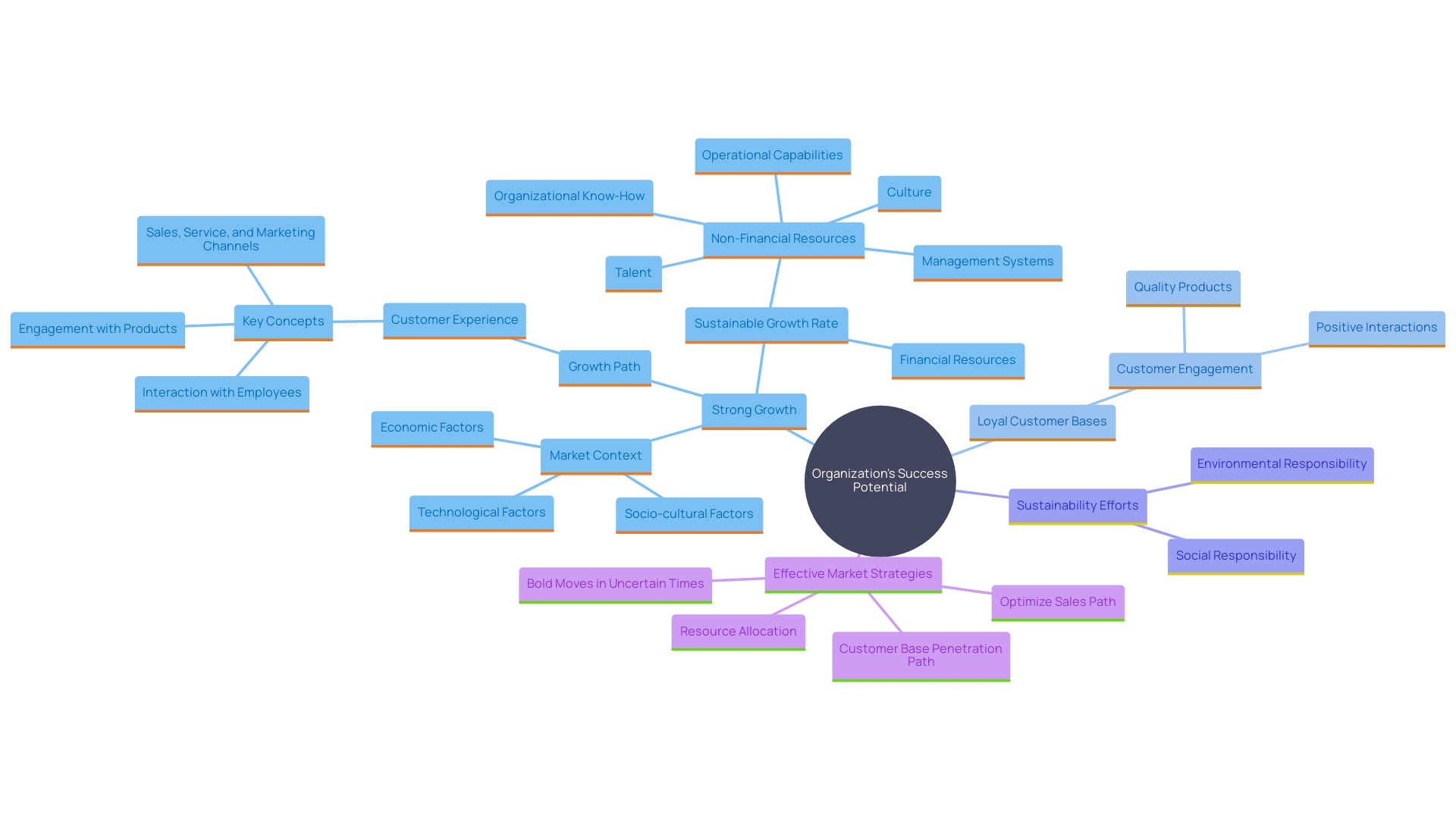 This mind map illustrates the key factors influencing the success potential of organizations in a competitive market, highlighting growth, customer loyalty, sustainability, and market strategies.