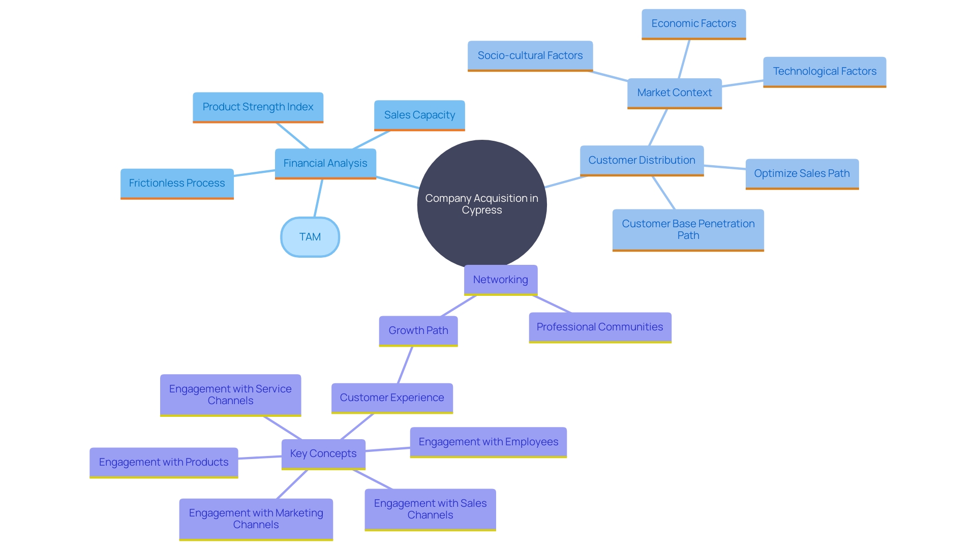 This mind map illustrates the key factors to consider during the acquisition of a company in the Cypress region, highlighting due diligence aspects such as financial status, customer demographics, and professional community insights.