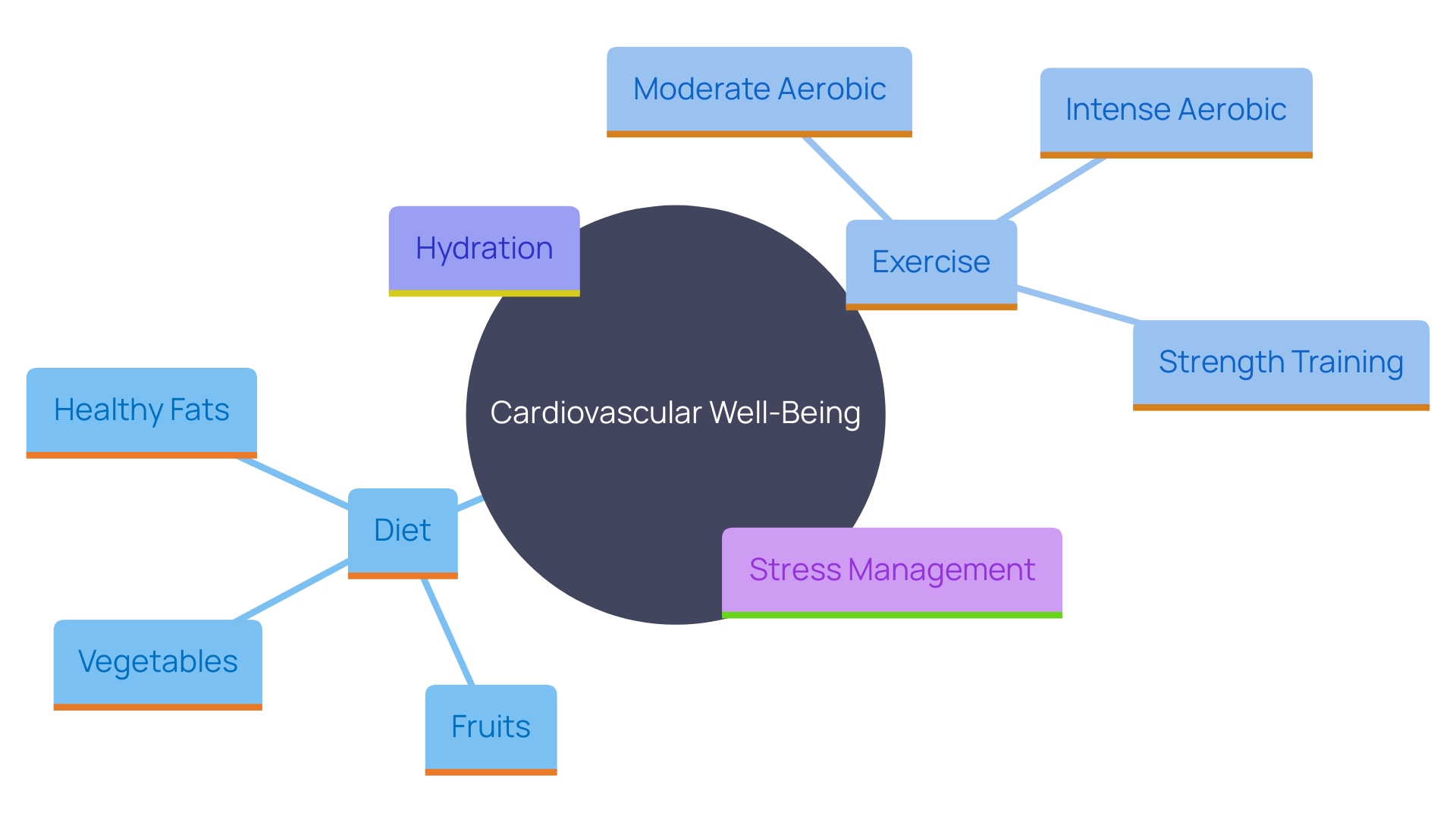 This mind map illustrates the key lifestyle changes that can enhance cardiovascular health, highlighting the relationships between diet, exercise, hydration, and overall well-being.