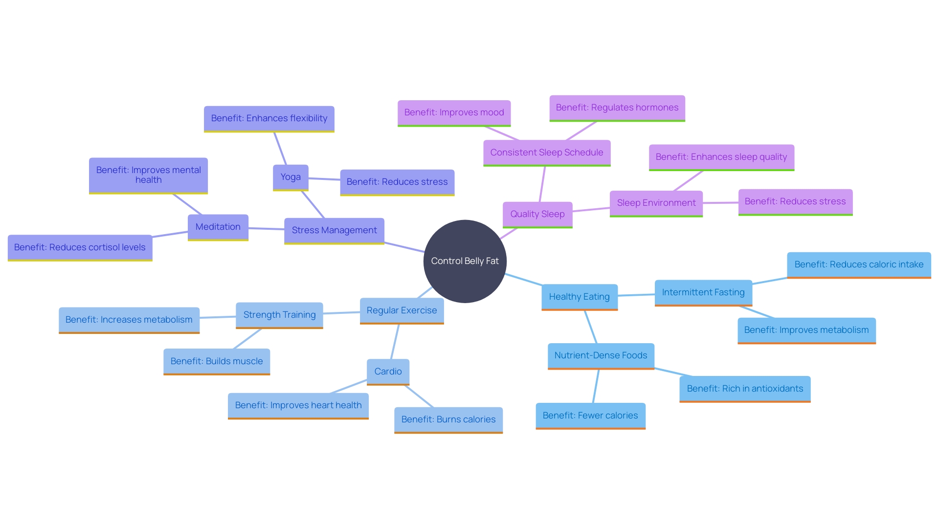 This mind map illustrates the key strategies for controlling belly fat and enhancing overall well-being. It highlights the interconnectedness of healthy eating, exercise, stress management, and sleep quality in achieving metabolic health.