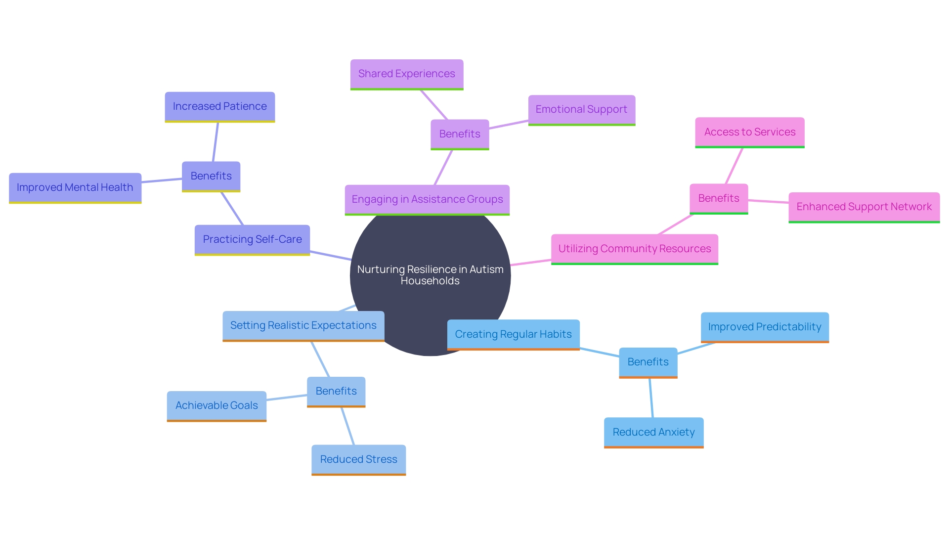 This mind map illustrates the multi-faceted approach to nurturing resilience in autism households, highlighting key strategies and their interconnections.