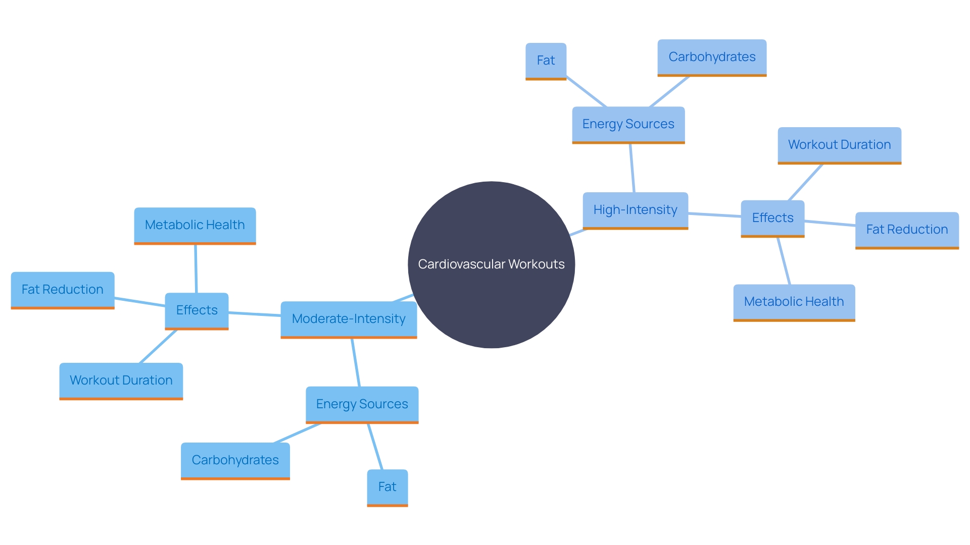 This mind map illustrates the relationships between different cardiovascular workout intensities, energy sources, and their effects on fat reduction and metabolic health.