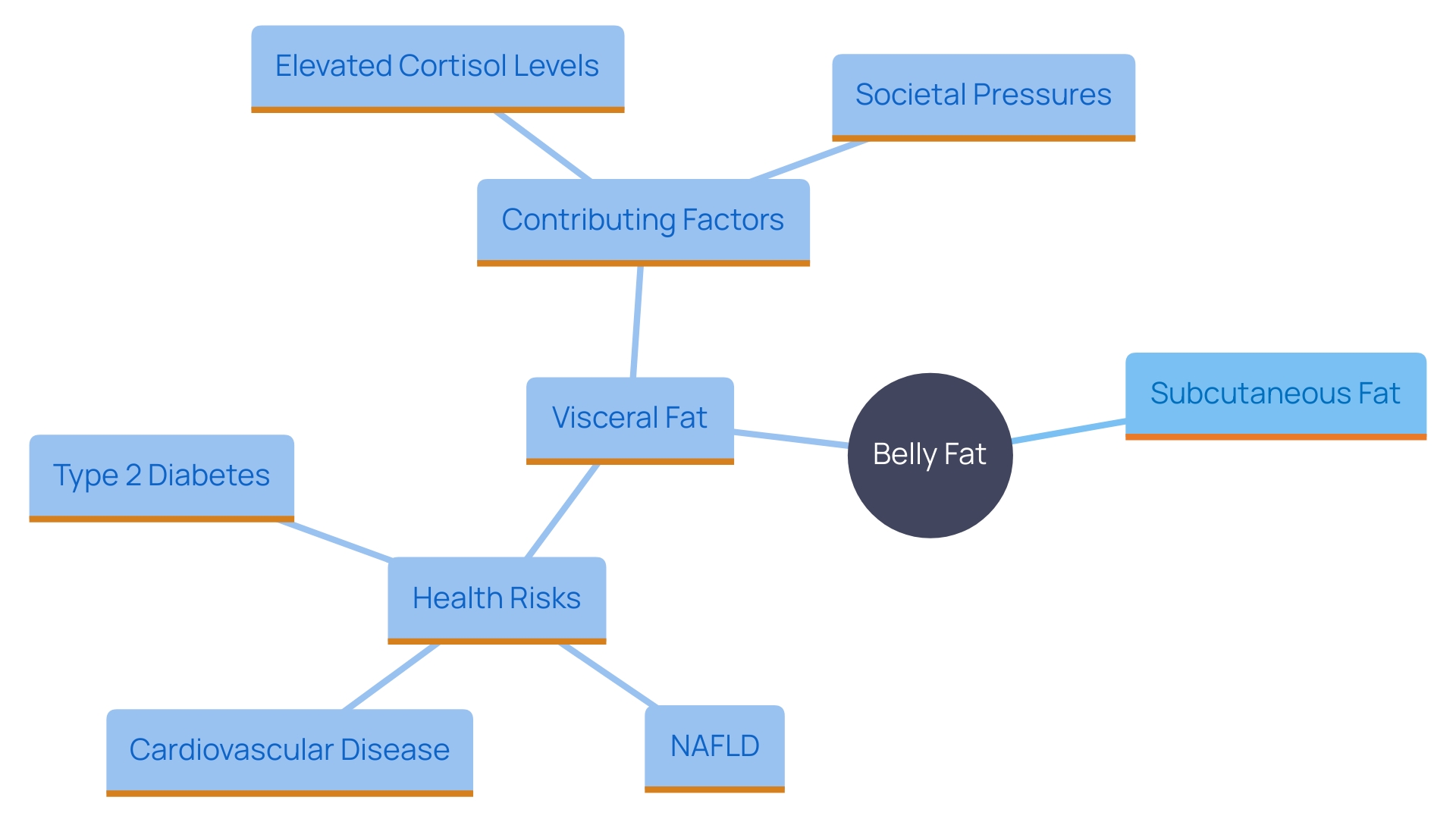 This mind map illustrates the relationships between different types of belly fat, their health implications, and contributing factors, emphasizing the importance of holistic management.