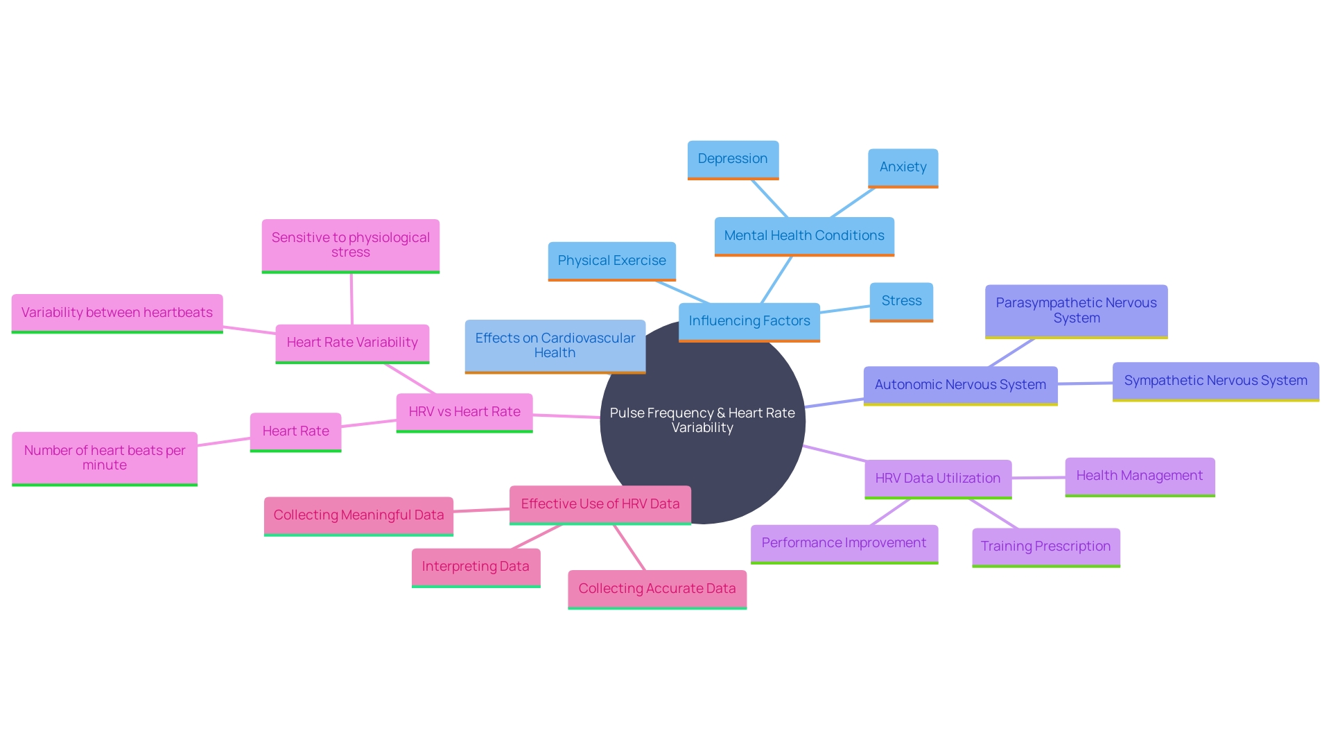 This mind map illustrates the relationships between various factors affecting pulse frequency and heart rate variability, emphasizing their impact on cardiovascular health and overall well-being.